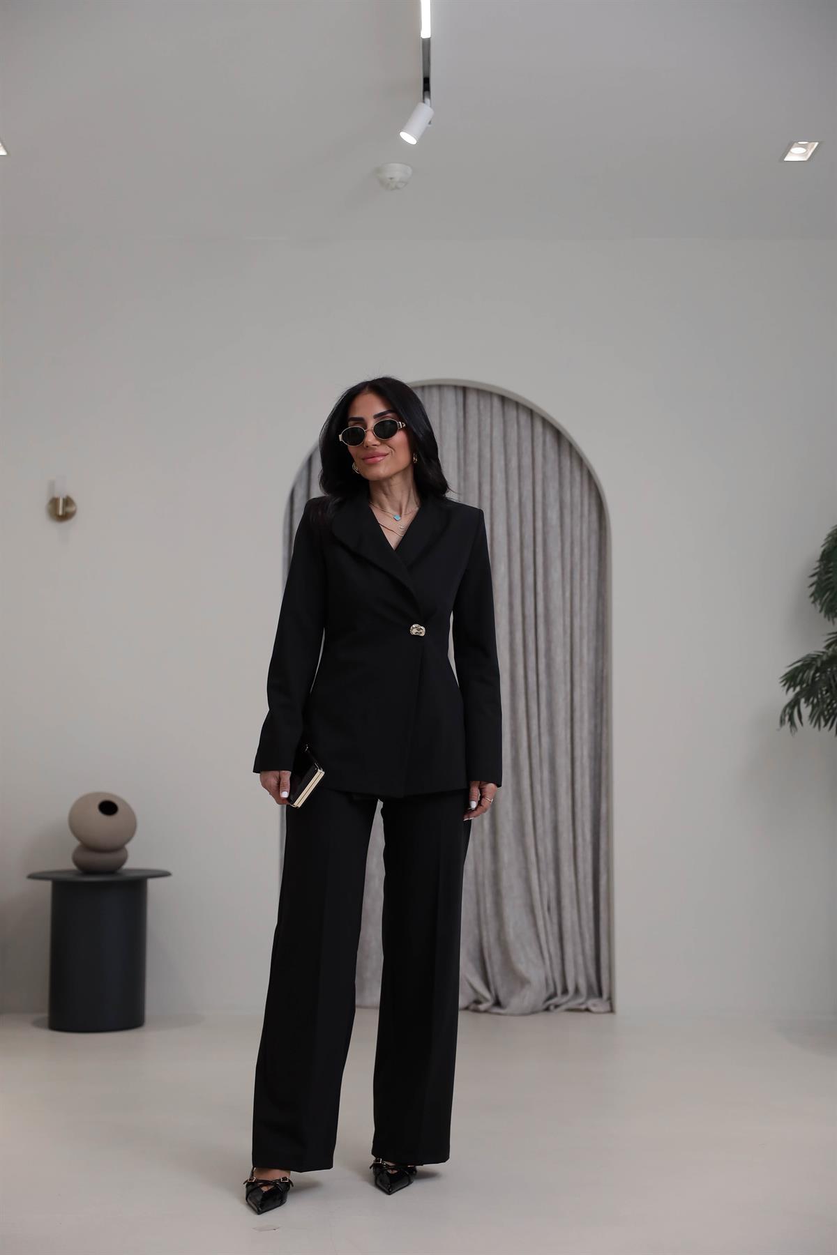 2041 Yaka Detaylı Gold Düğmeli Ceket Pantolon Takım SİYAH
