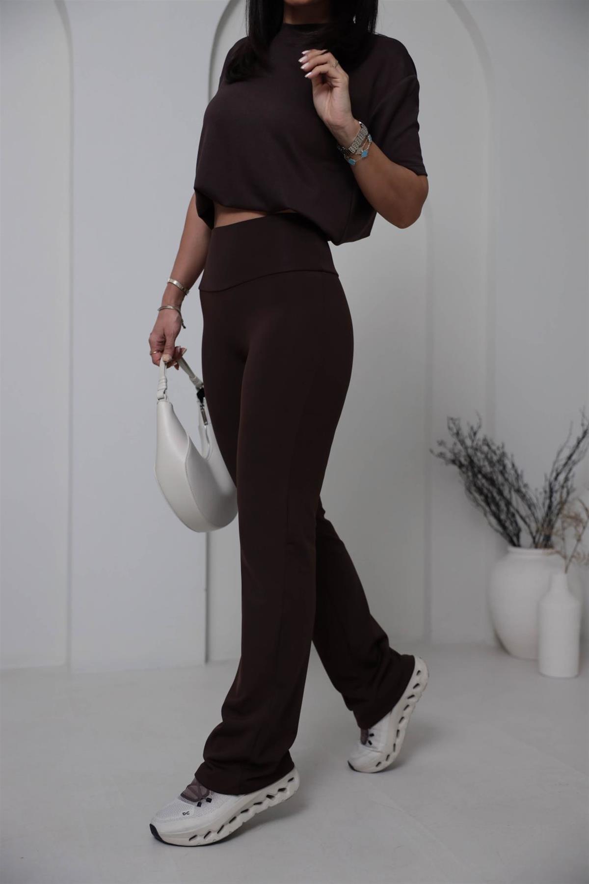 8515 Oys Şardonlu Flare Pantolon ACI KAHVE