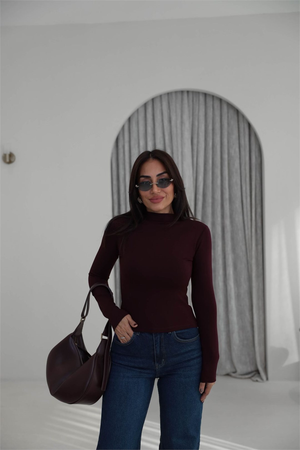 3244 Oys Model Balıkçı Yaka Modal Bluz MÜRDÜM