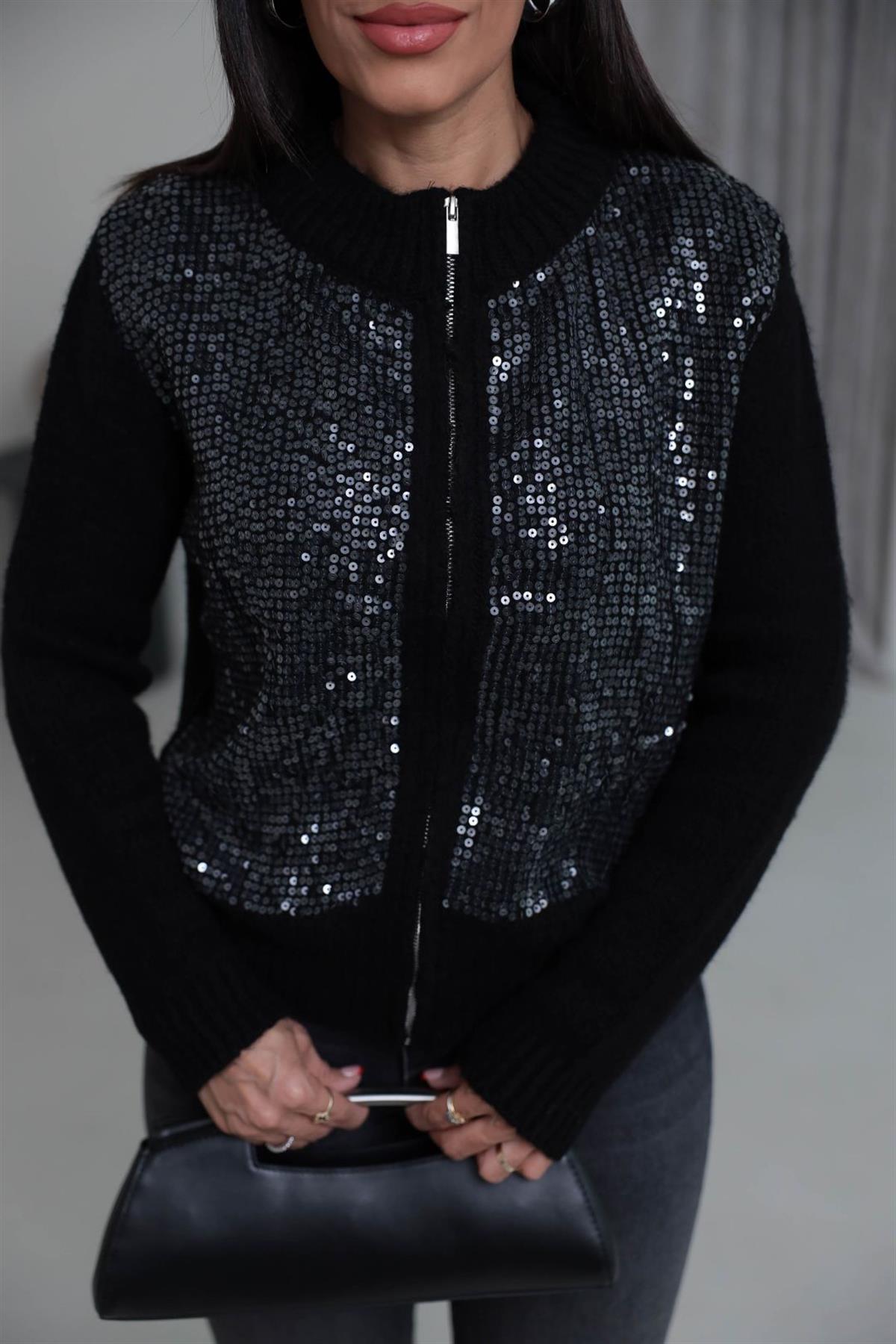 2570 Önü Pul İşlemeli Fermuarlı Hırka SİYAH