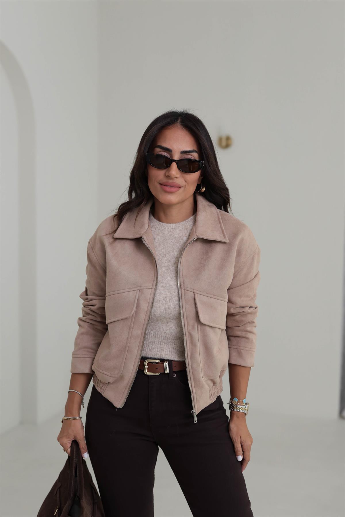 9730 Cep Detaylı Bel Lastikli Süet Bomber TABA