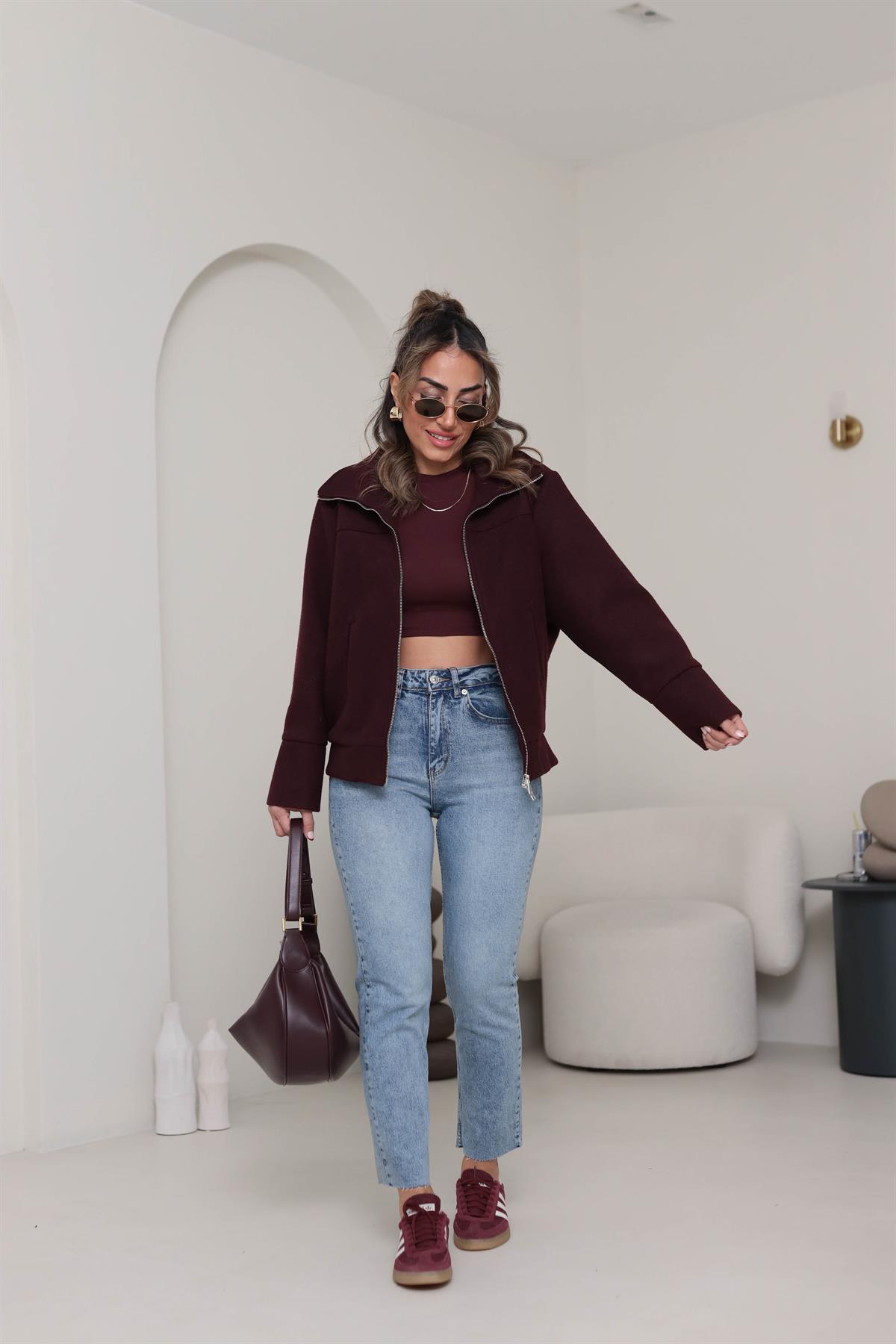 9567 Fermuarlı Kaşe Mont BORDO