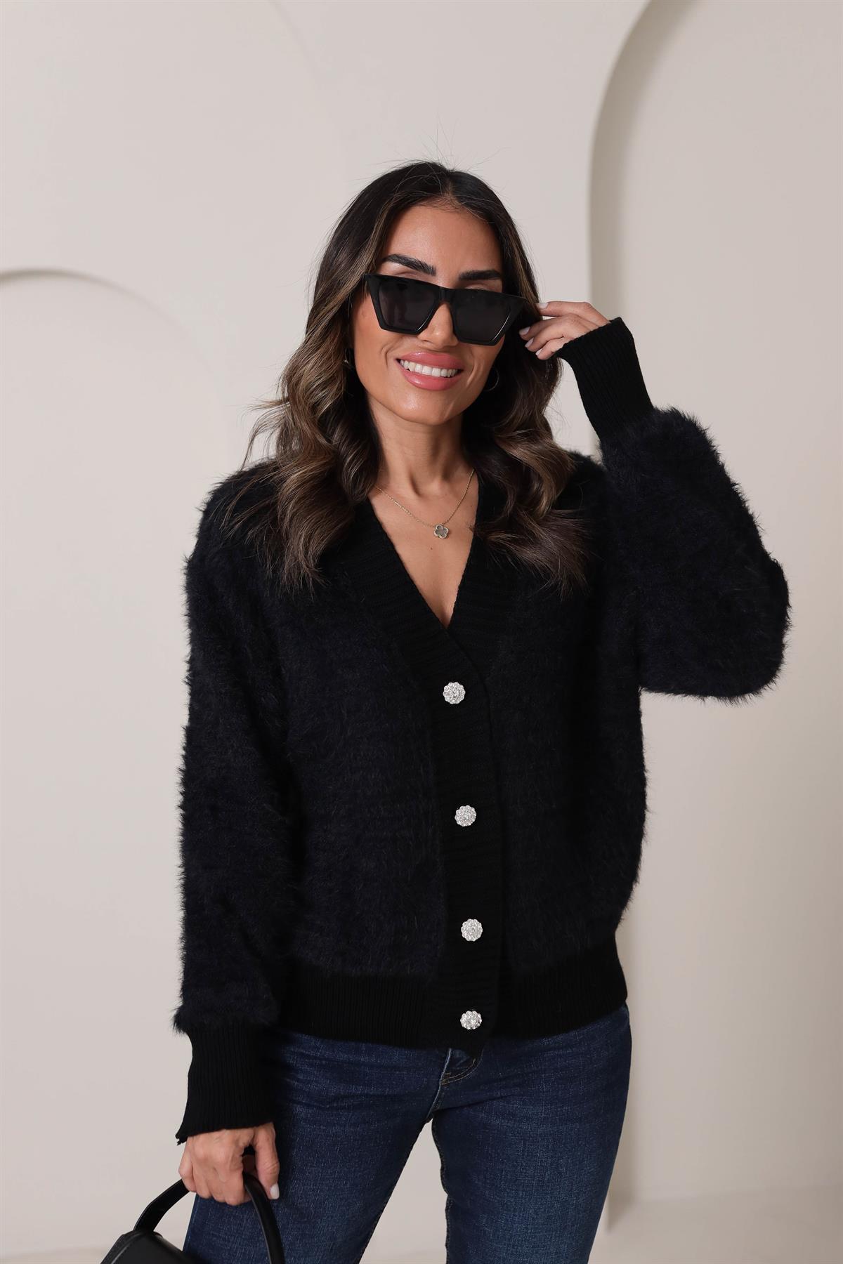 0036 Taşlı Düğmeli Sakallı Yumoş Hırka SİYAH