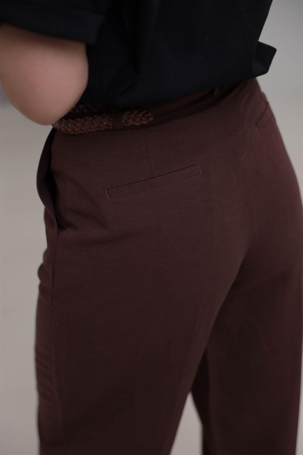 1150 Örme Kemerli Viskon Keten Pantolon KAHVE