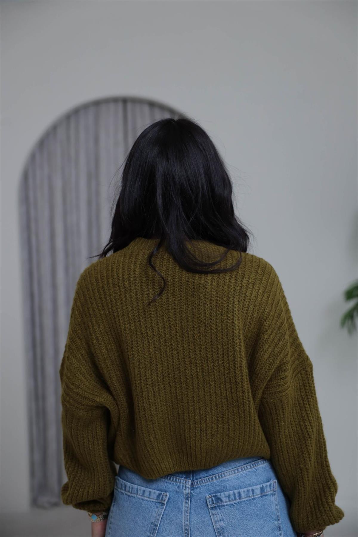 3579 Bisiklet Yaka Örme Oversize Kısa Kazak YAĞ YEŞİLİ