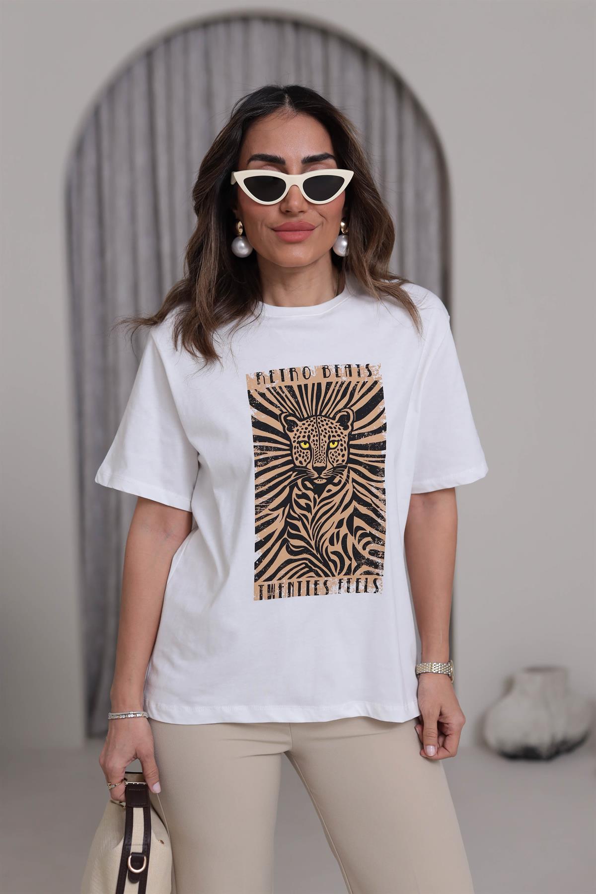 7113 Leopar Baskılı Pamuklu Tshirt EKRU