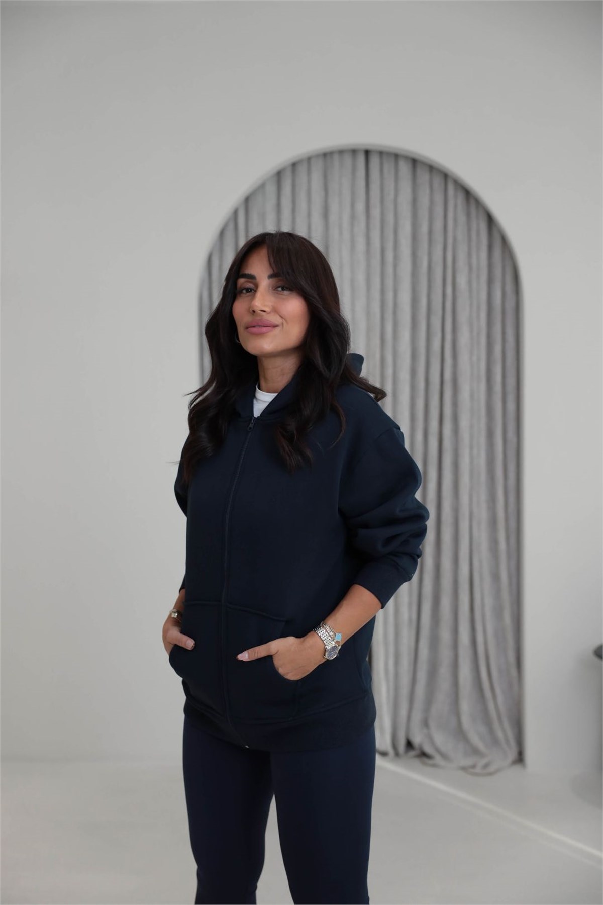 042 Fermuarlı Kapşonlu Sweatshirt LACİVERT