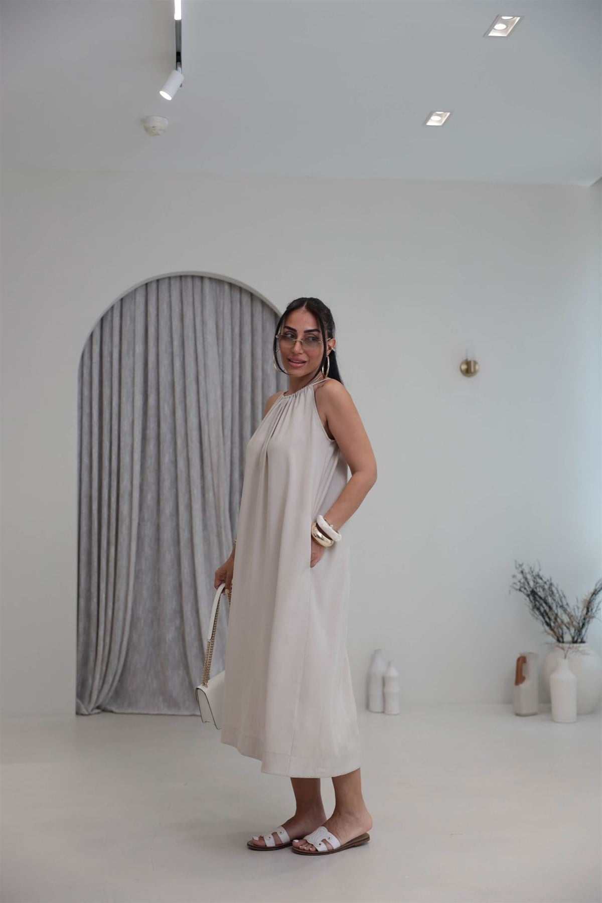 1106C İpli Halter Yaka Cepli Tencel Elbise TAŞ