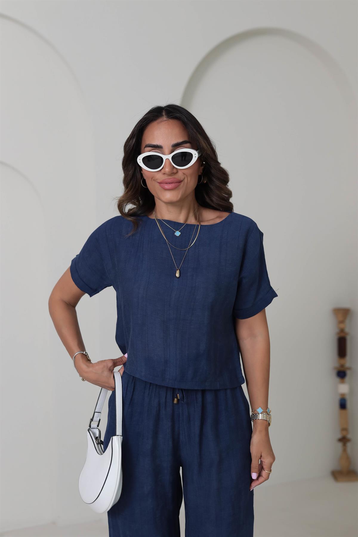 0450 Düşük Omuz Bluz Ve Geniş Paça Pantolon Takım LACİVERT