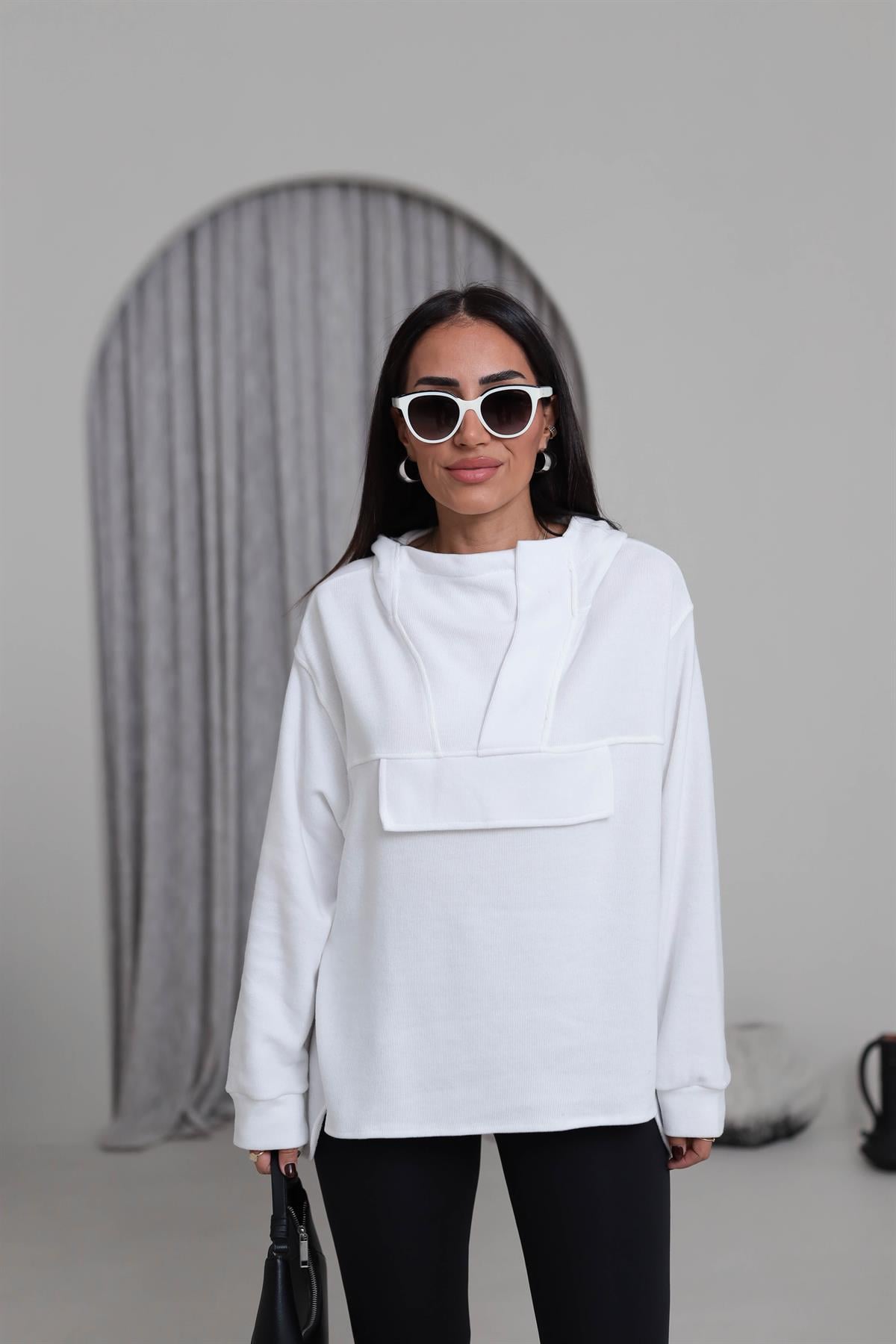 1750 Yaka Detay Selanik Kapşonlu Sweatshirt BEYAZ