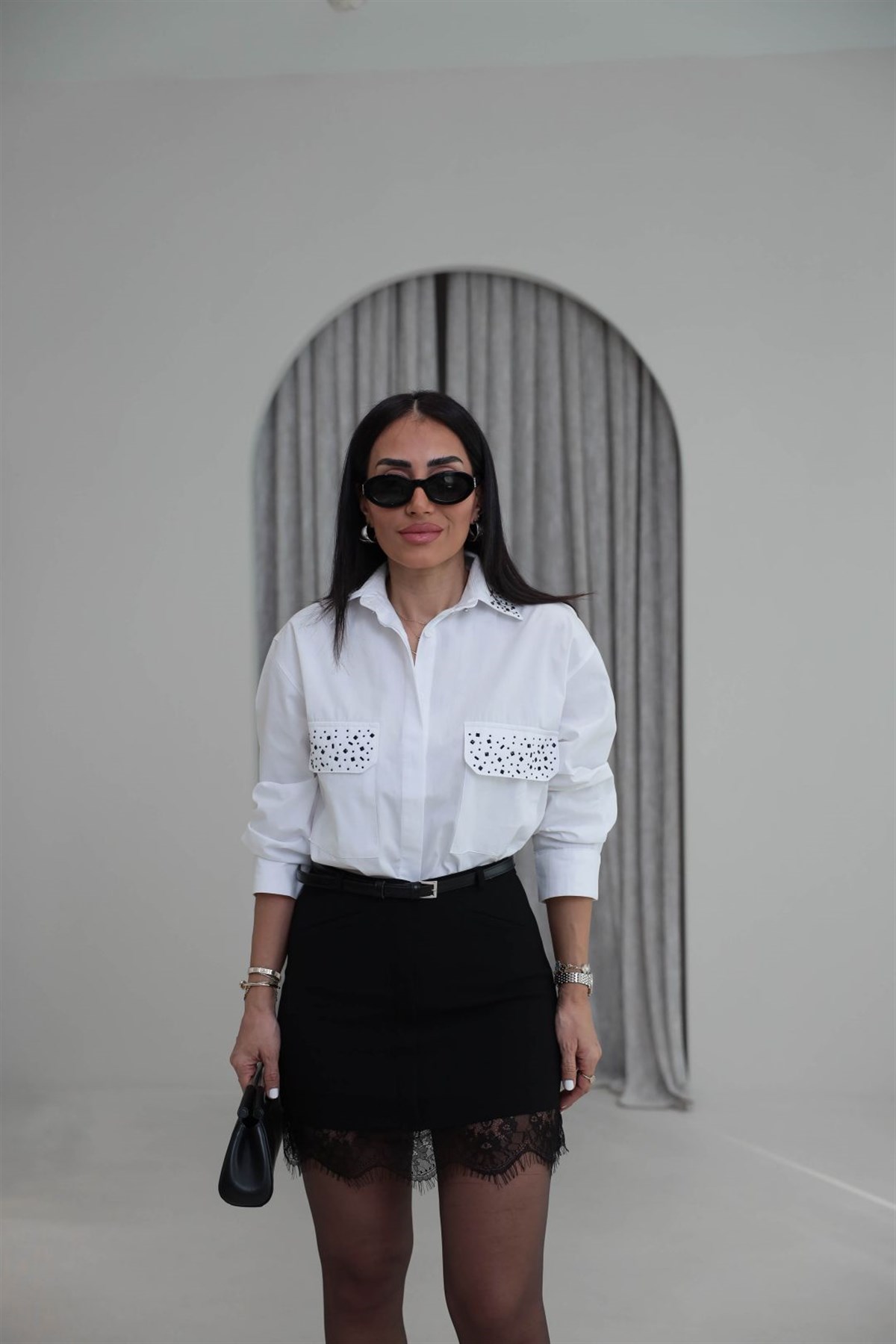 3605 Yakası Taş İşlemeli Poplin Gömlek BEYAZ