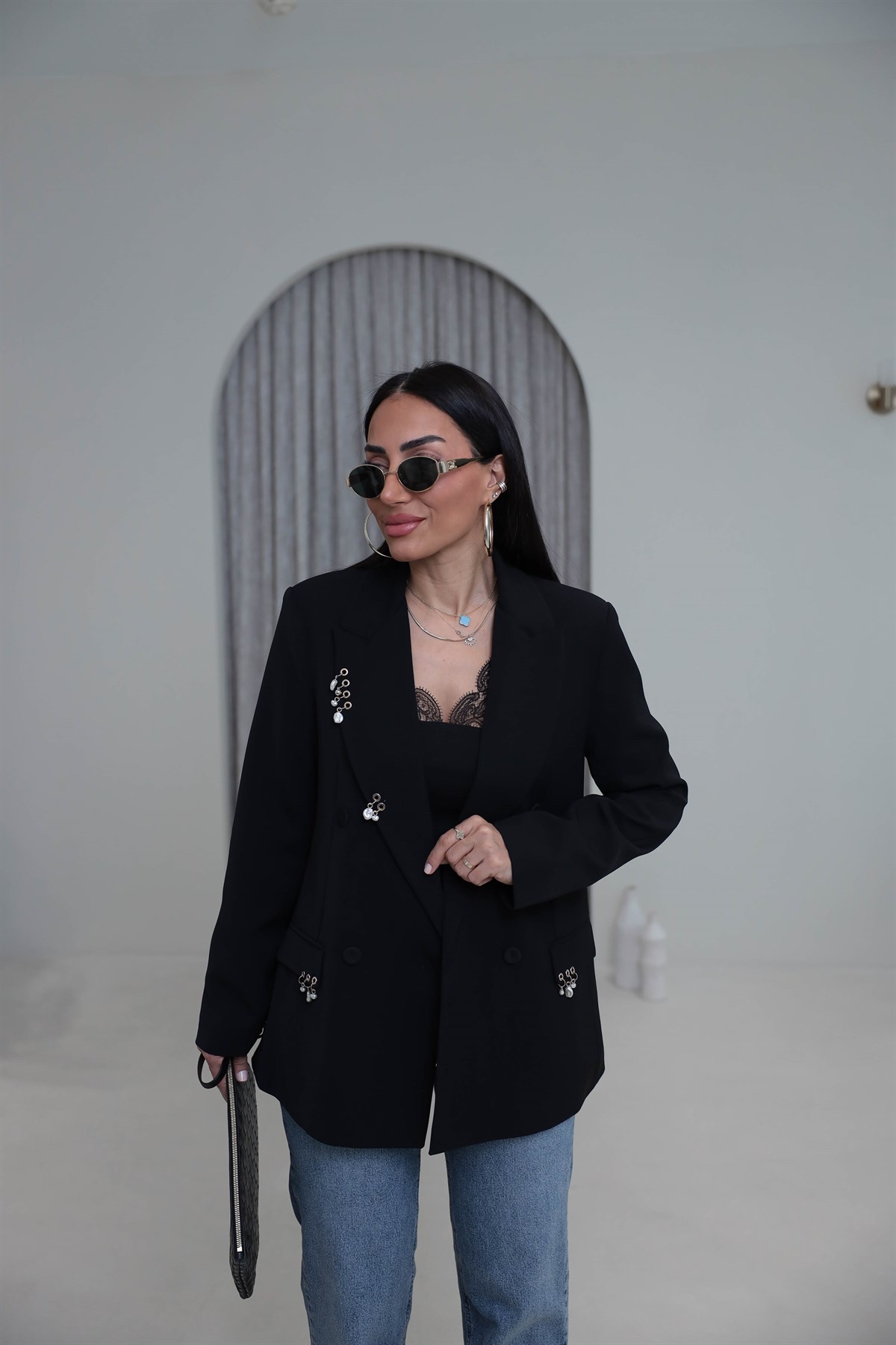 0756 Kuş Gözü Aksesuarlı Düğmeli Blazer Ceket SİYAH