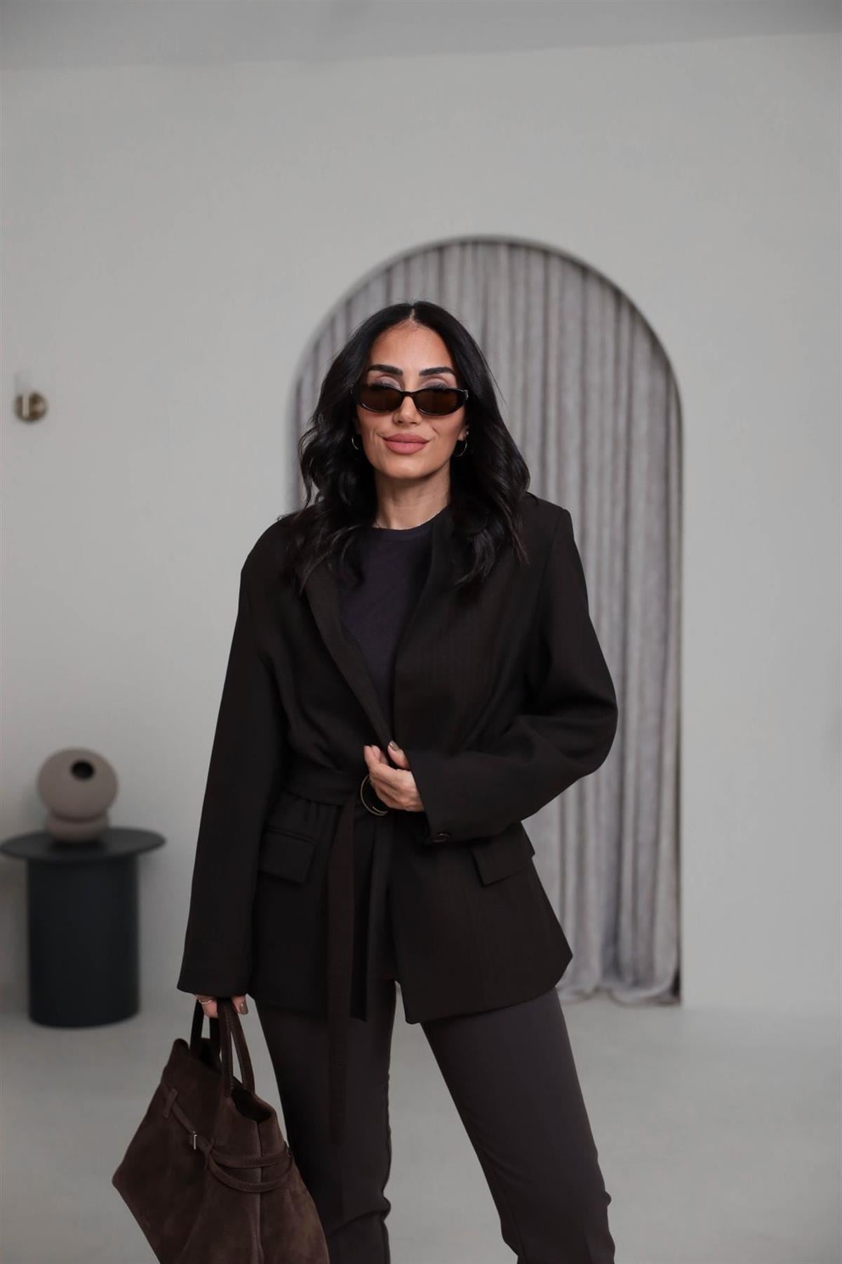 1284 Vatkalı Kemerli Balıksırtı Blazer Ceket KAHVE