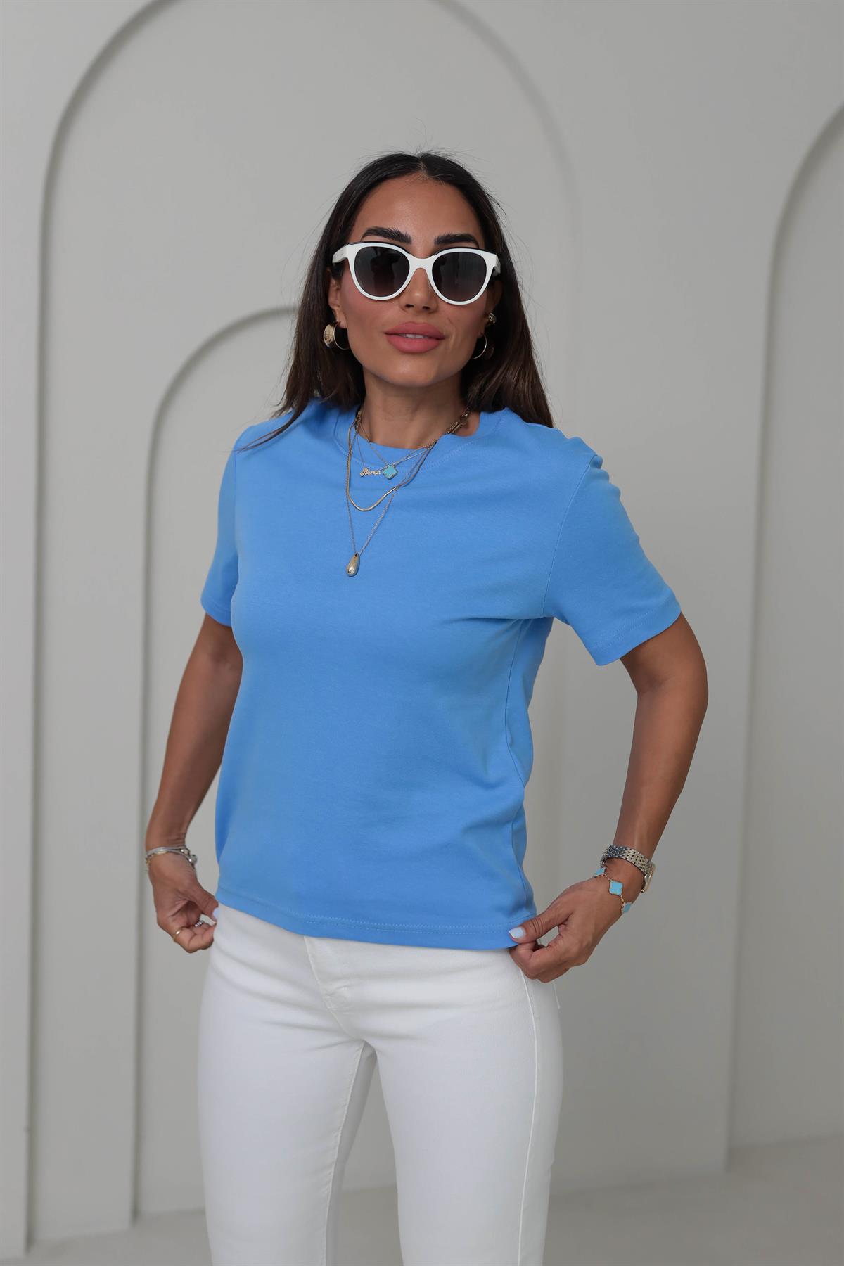 1075 Bisiklet Yaka Pamuklu Basic Tshirt MAVİ