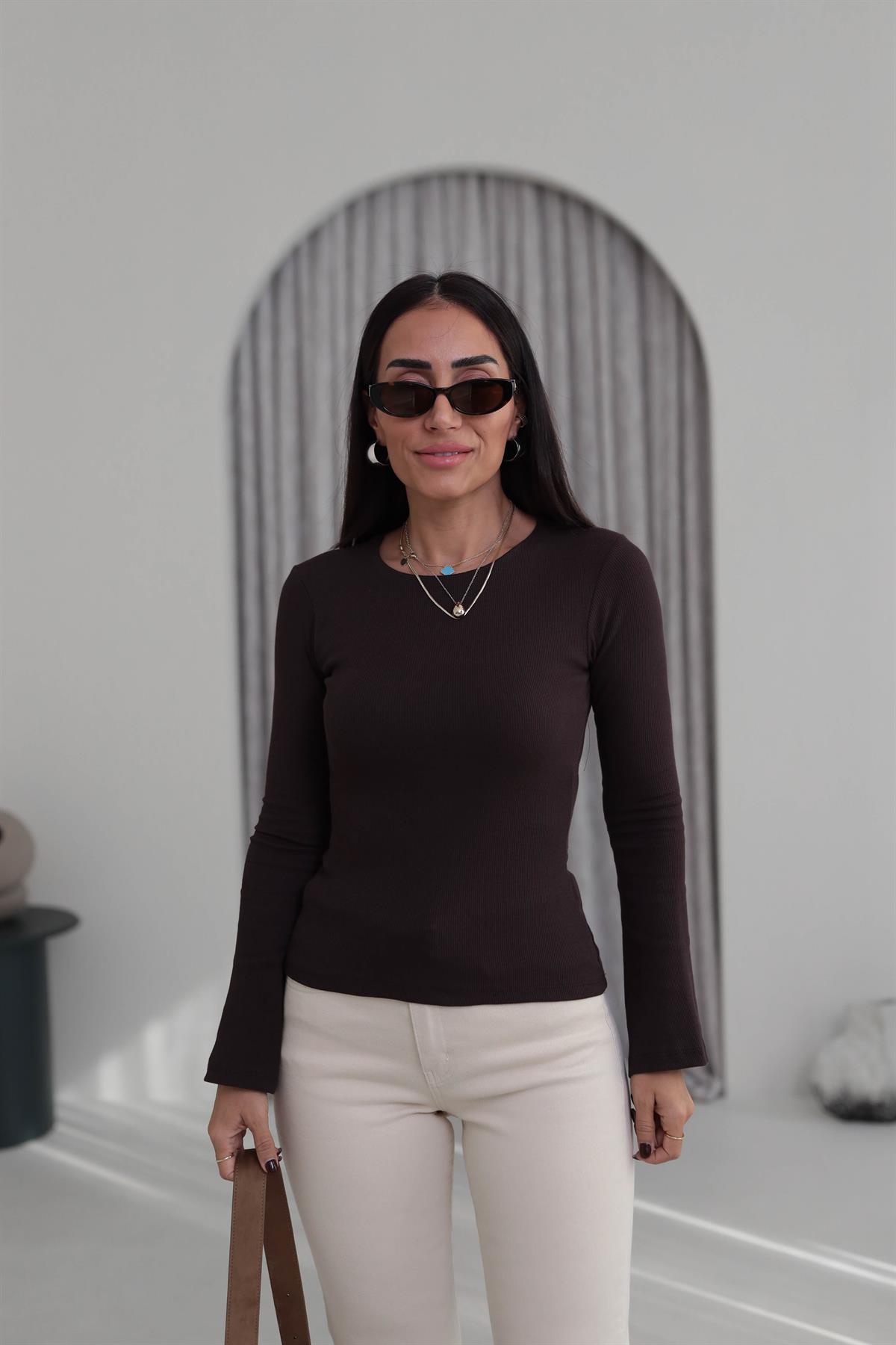 5243 İspanyol Kol Kaşkorse Bluz KAHVE