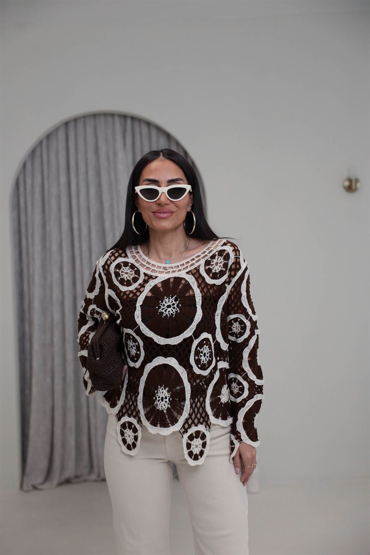 4087 Desenli Örme Yazlık Triko KAHVE