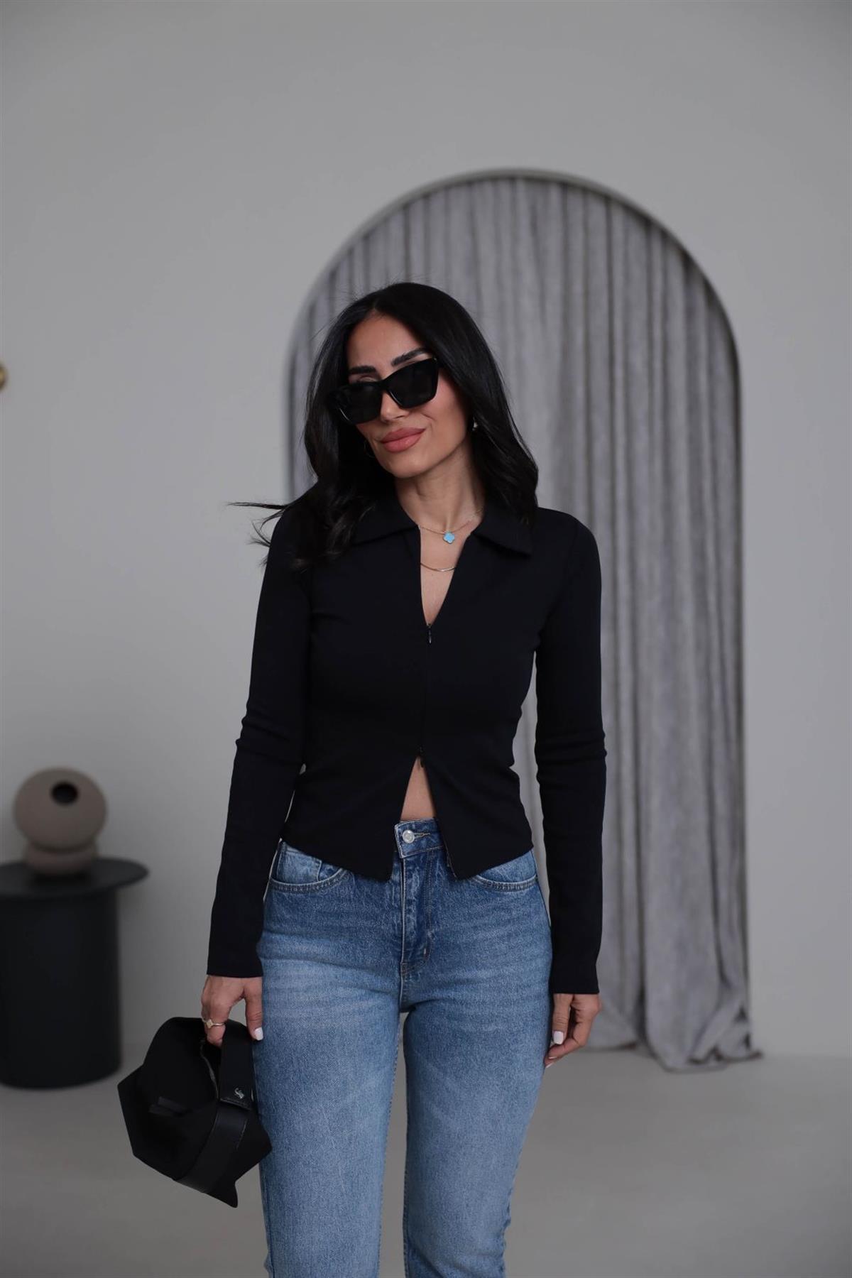 7246 Fermuar Detaylı Polo Yaka Bluz SİYAH
