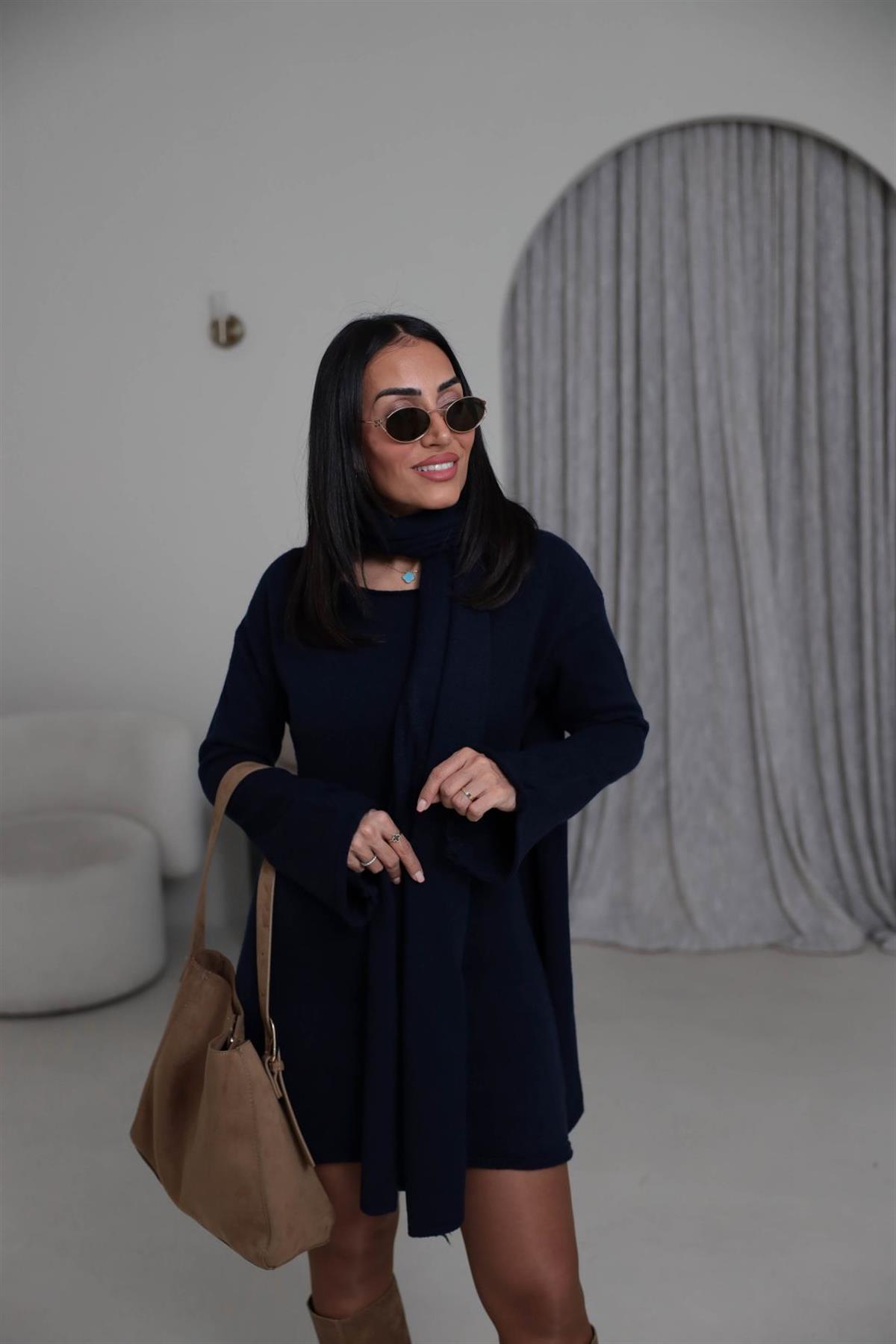 5251 Kayık Yaka Şallı Tunik LACİVERT