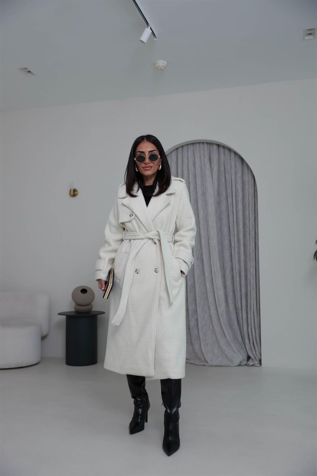 0611 Kuşaklı Apoletli Kaşe Kaban EKRU