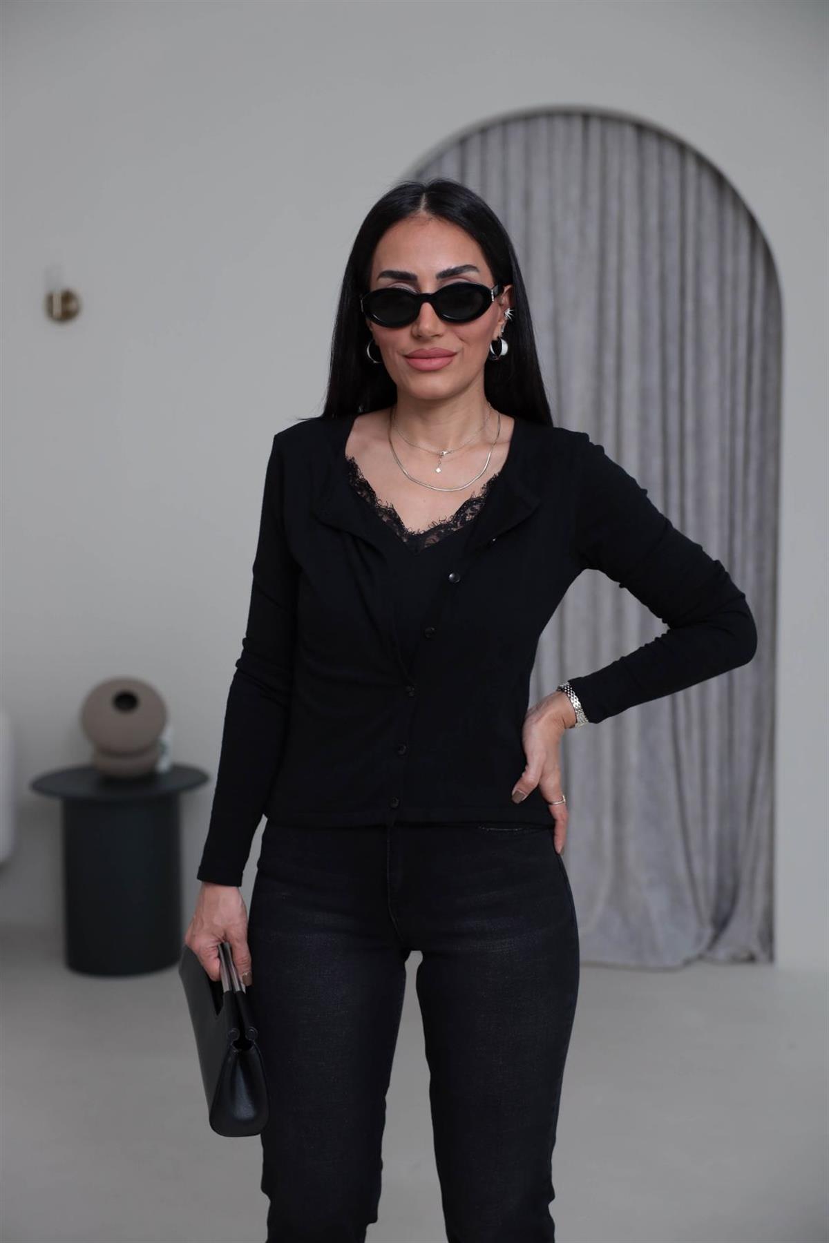 ZA Dantel Detaylı Atletli Hırka SİYAH