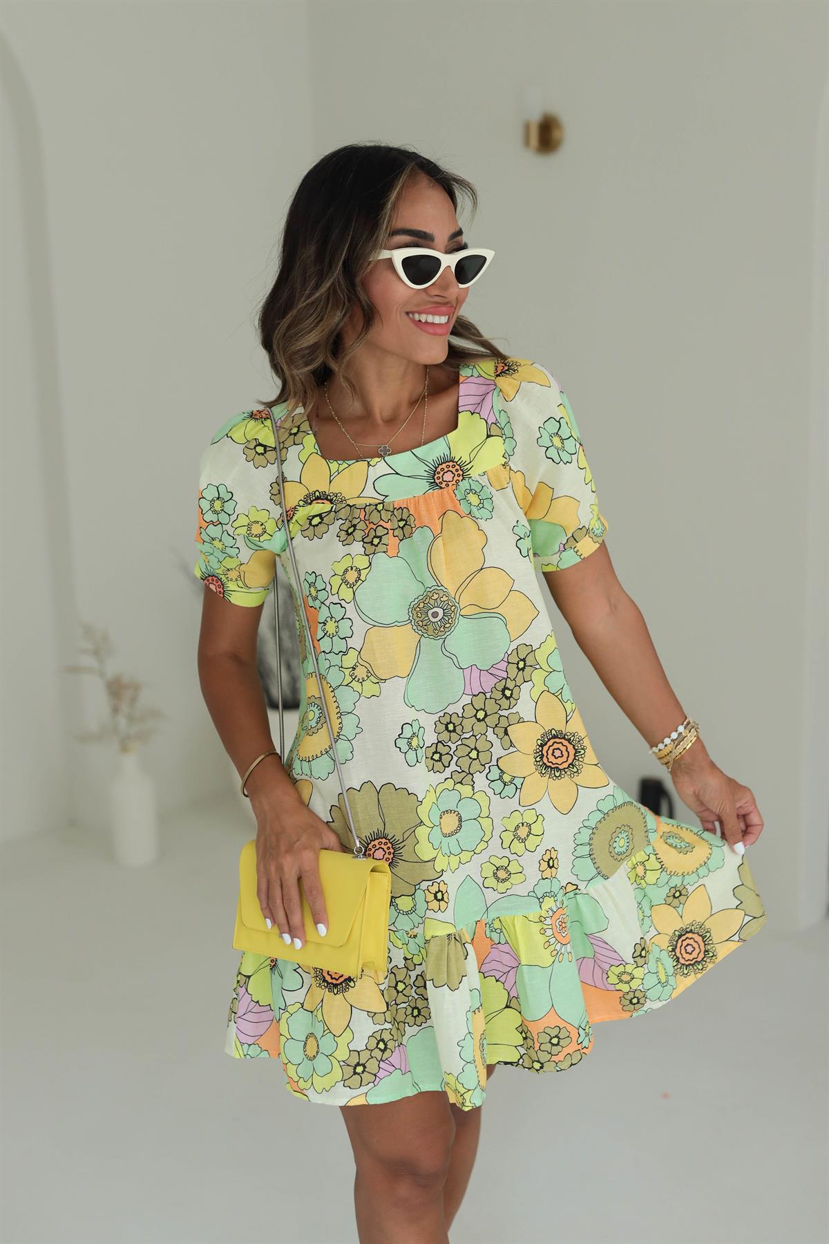 7158 Kare Yaka Çiçekli Keten Elbise