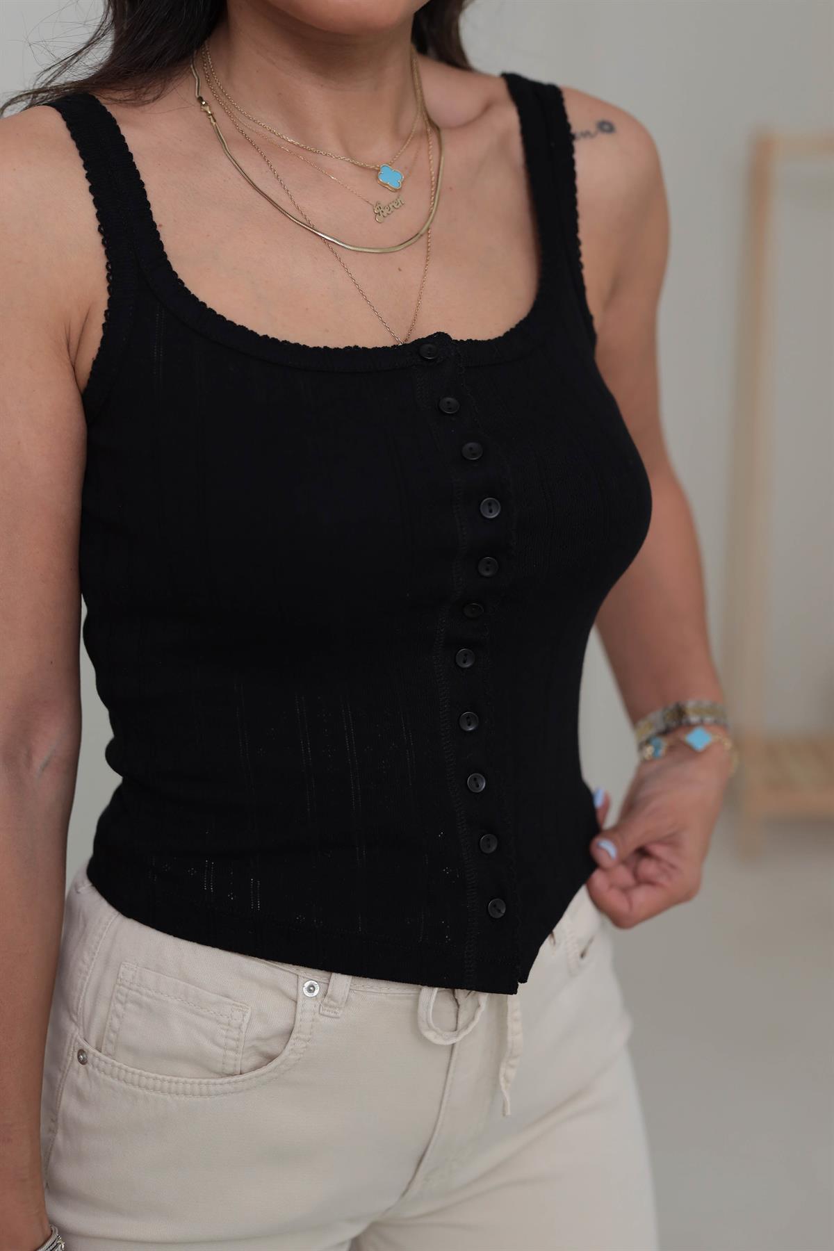 1068 Düğmeli Kare Yaka Top SİYAH