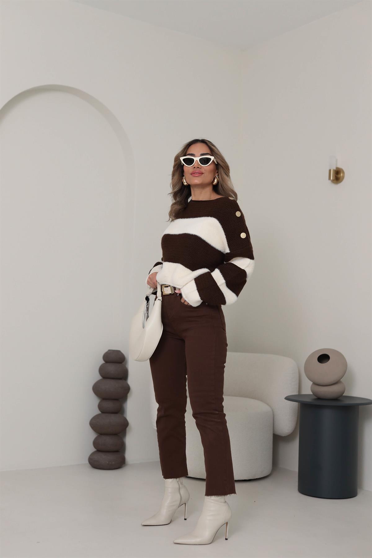 7589 Ters Örgülü Gold Düğme Detaylı Triko KAHVE