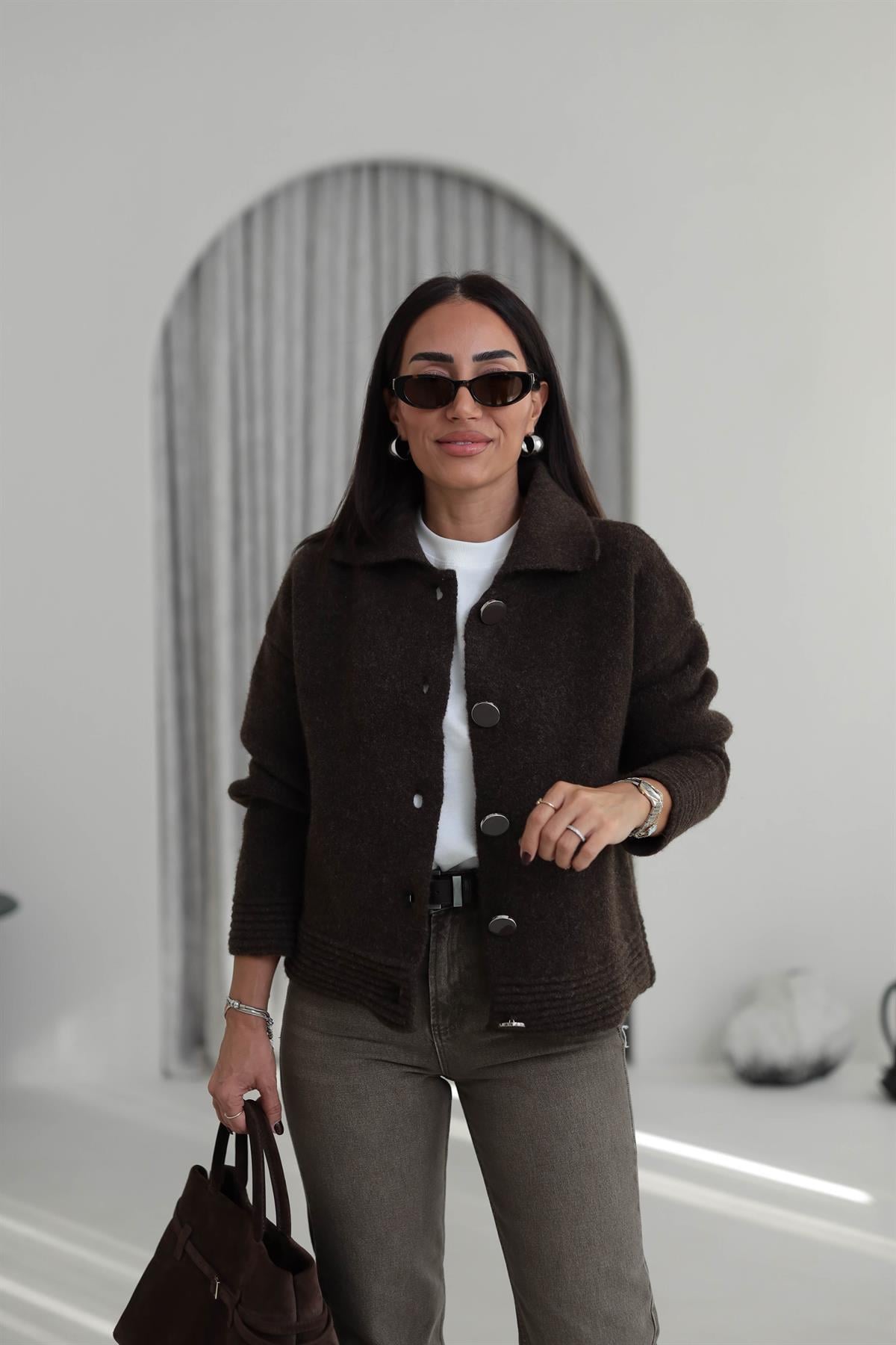 5086 Büyük Düğmeli Polo Yaka Hırka Ceket ACI KAHVE