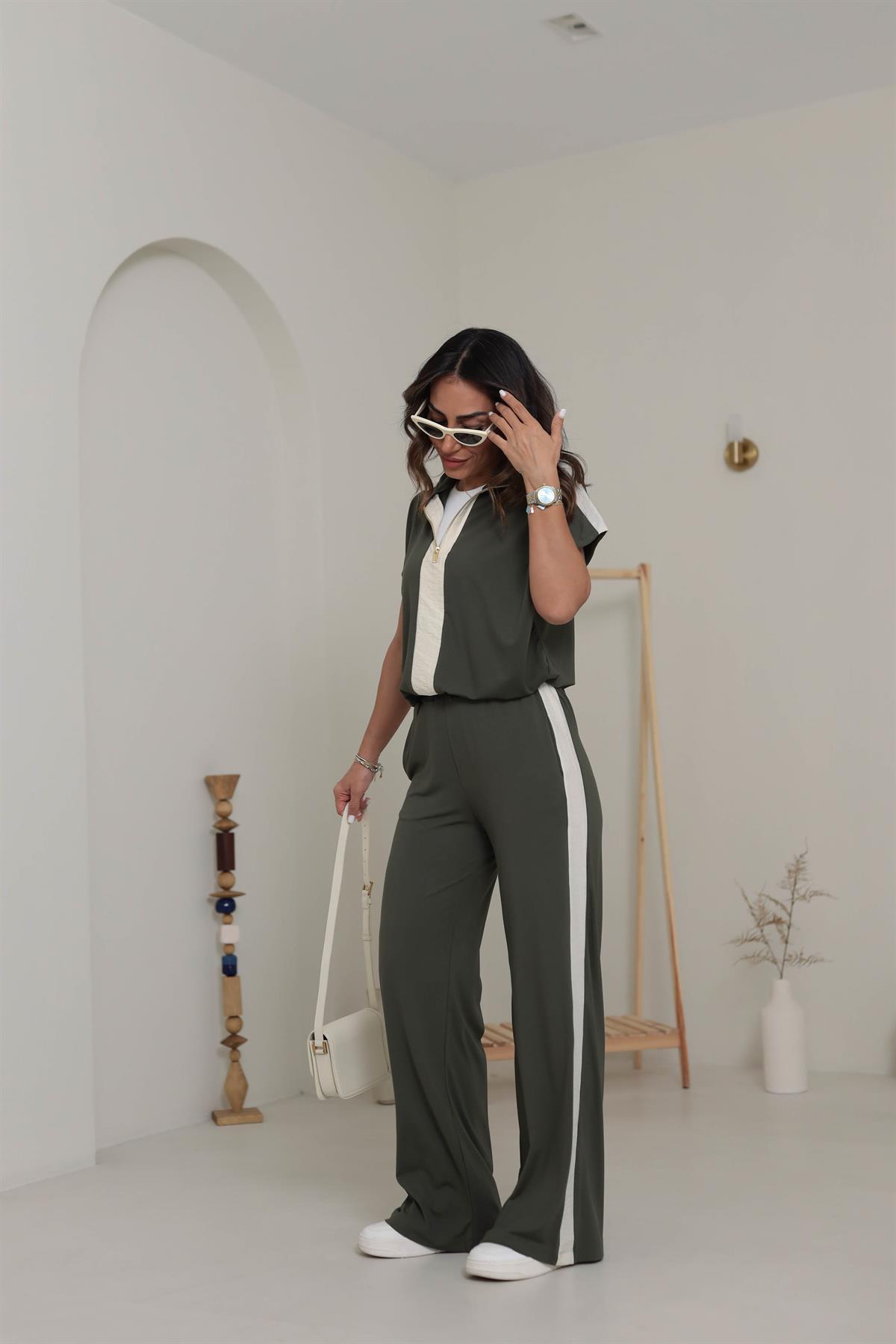 6497 Gold Fermuar Detaylı Modal Kumaş Pantolon Takım HAKİ YEŞİL