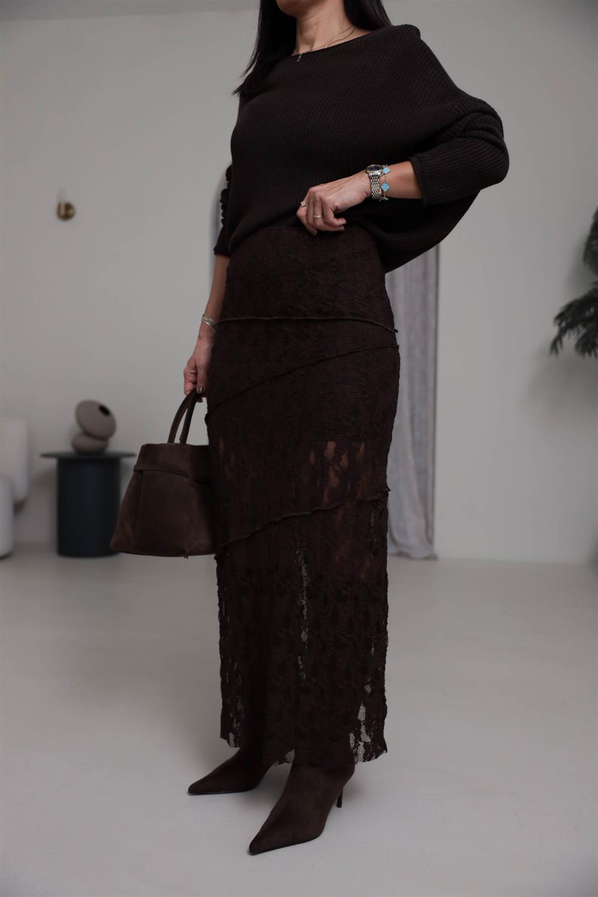 8818 Astarlı Dikiş Detaylı Dantel Etek KAHVE