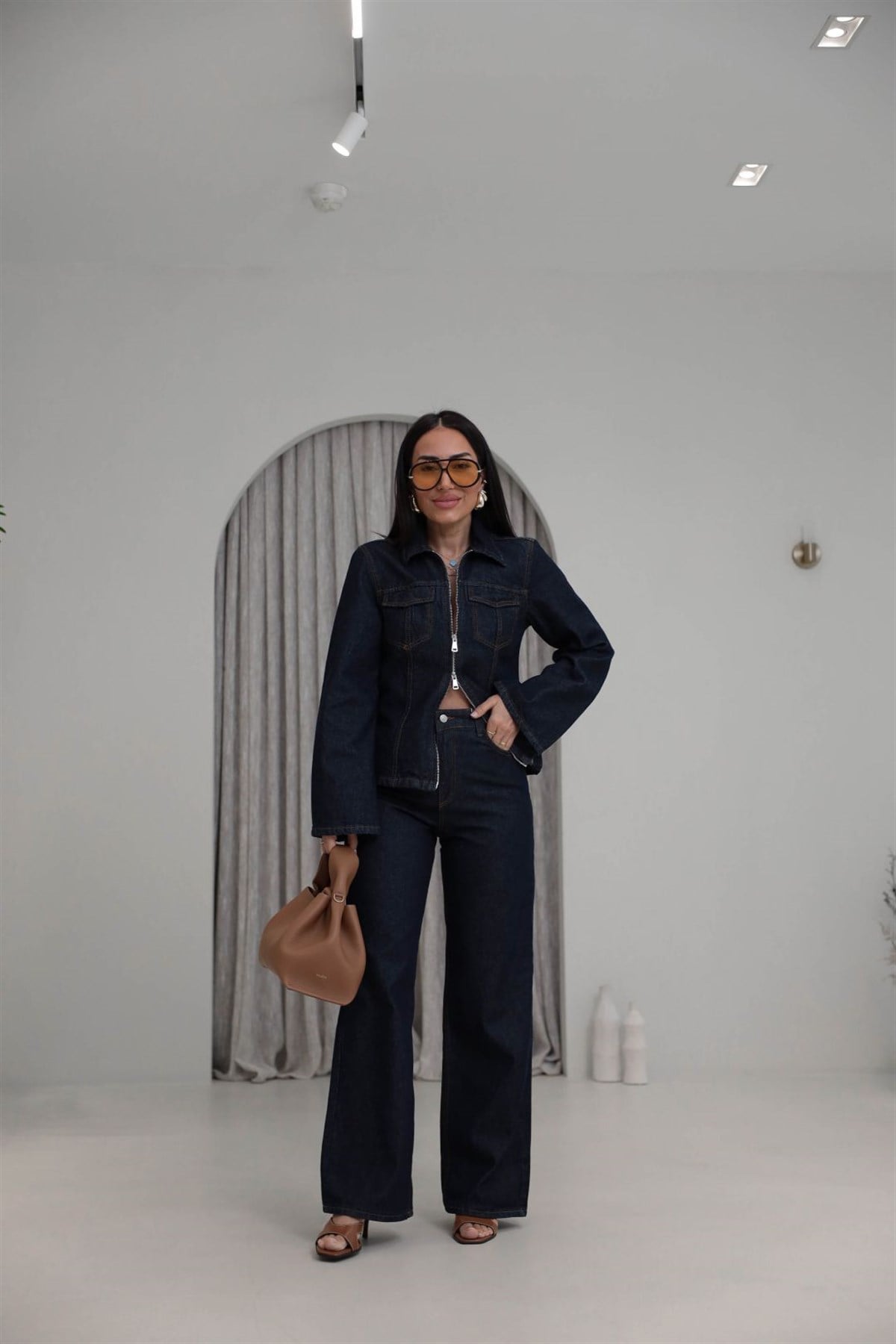 0966 Çift Yön Fermuarlı Denim Ceket Pantolon Takım LACİVERT