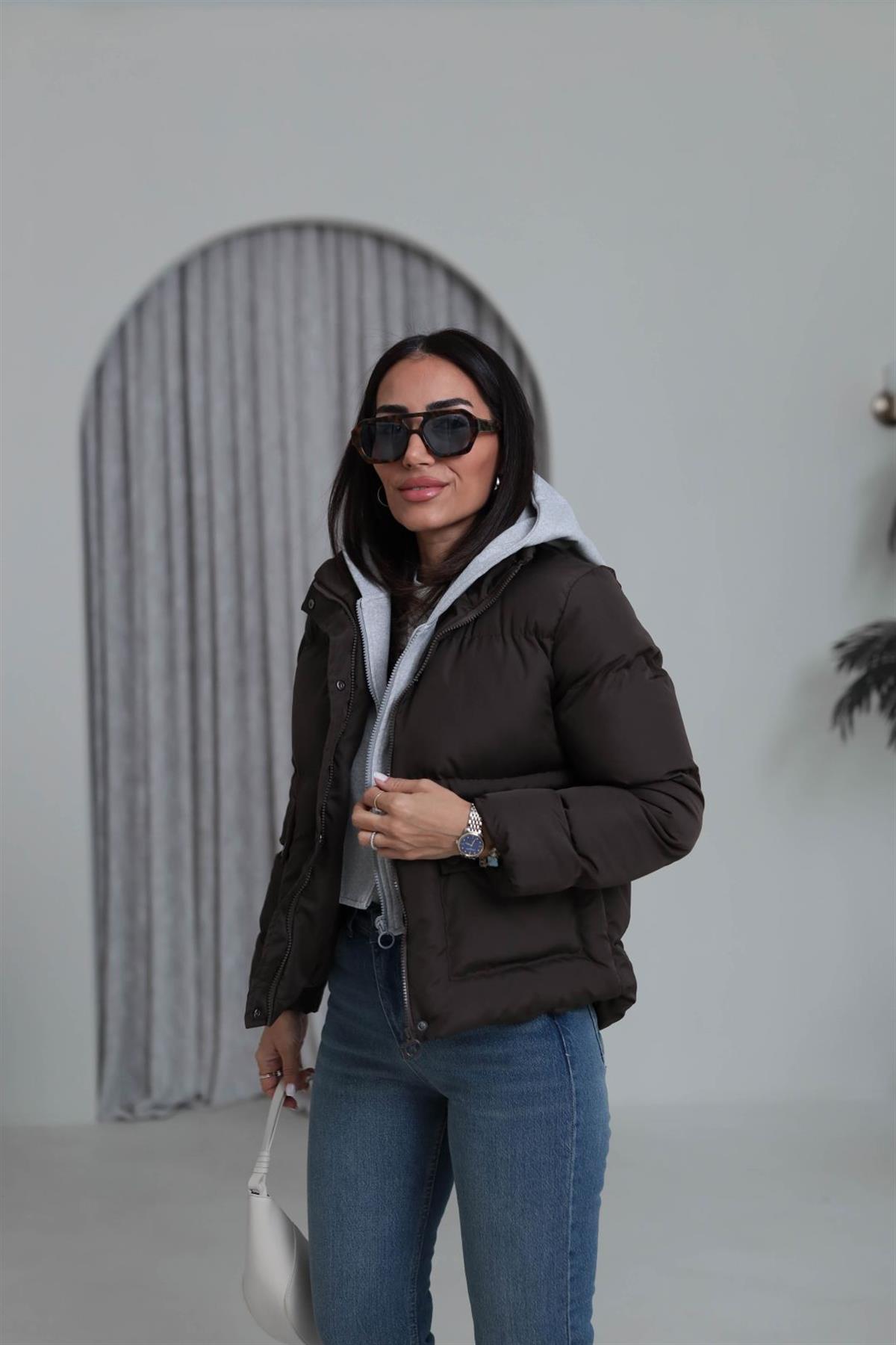 2148 Kapşonlu Şişme Mont ACI KAHVE