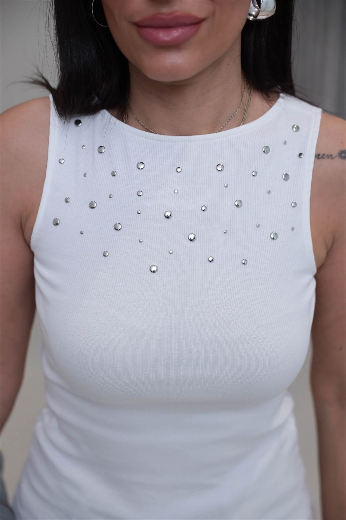 7588 Drop Detaylı Sıfır Kol Pamuklu Atlet BEYAZ