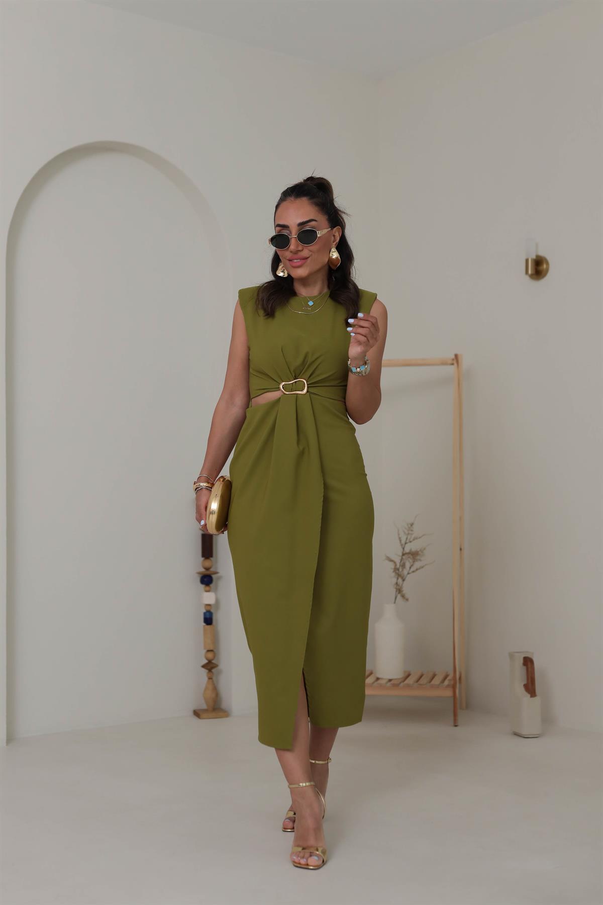 3755 Sıfır Kol  Bel Dekolteli Gold Tokalı Midi Elbise YAĞ YEŞİLİ