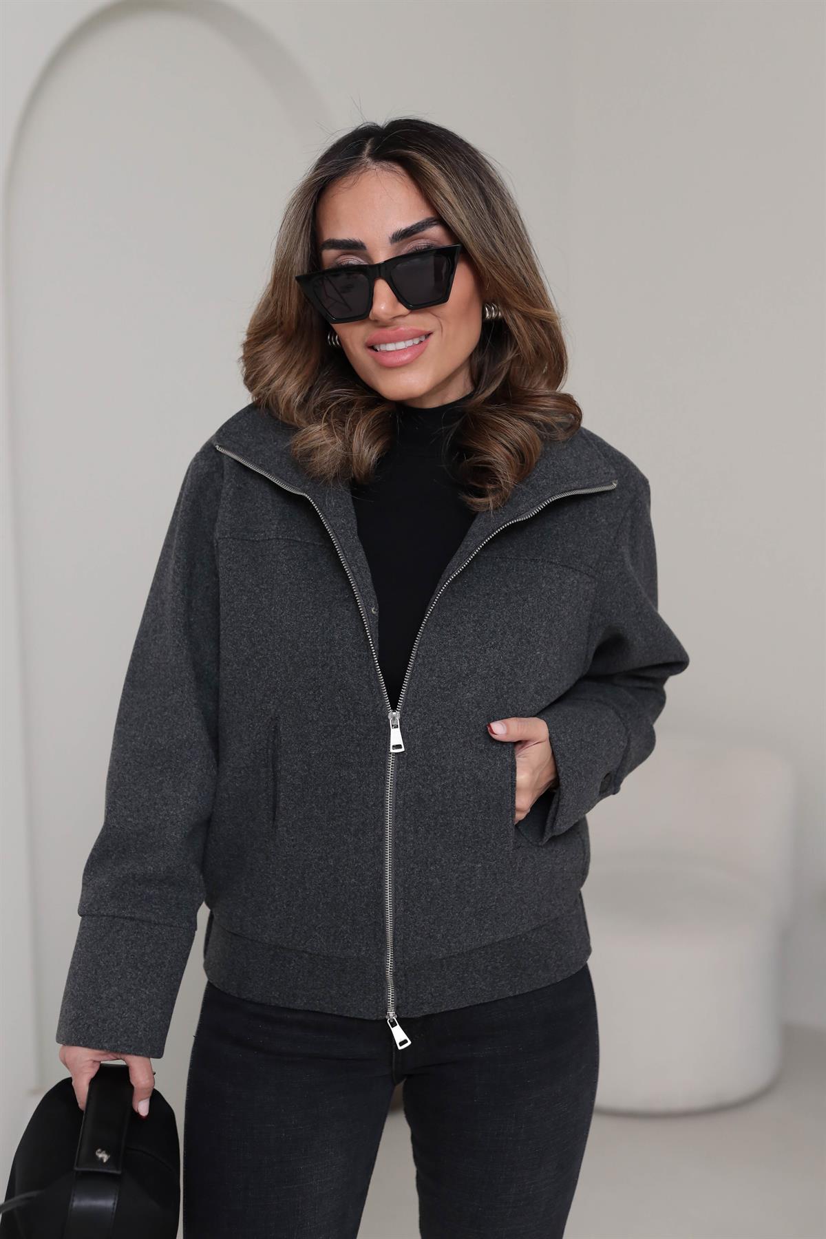 9567 Fermuarlı Kaşe Mont ANTRASİT