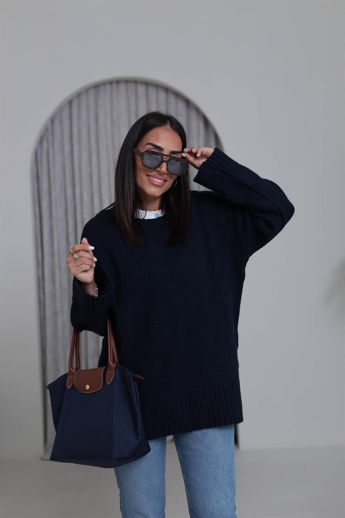 0100 Bisiklet Yaka Oversize Düz Kazak LACİVERT