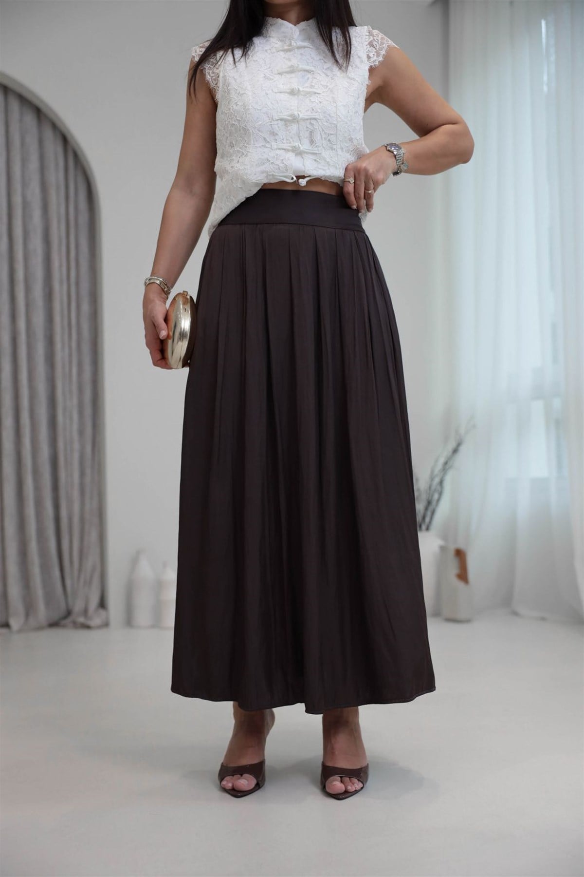 8120 Pileli Maxi Tok Saten Etek KAHVE