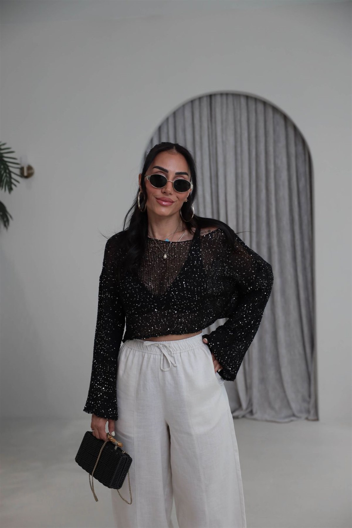 2765 Pul Payet Crop Bluz SİYAH