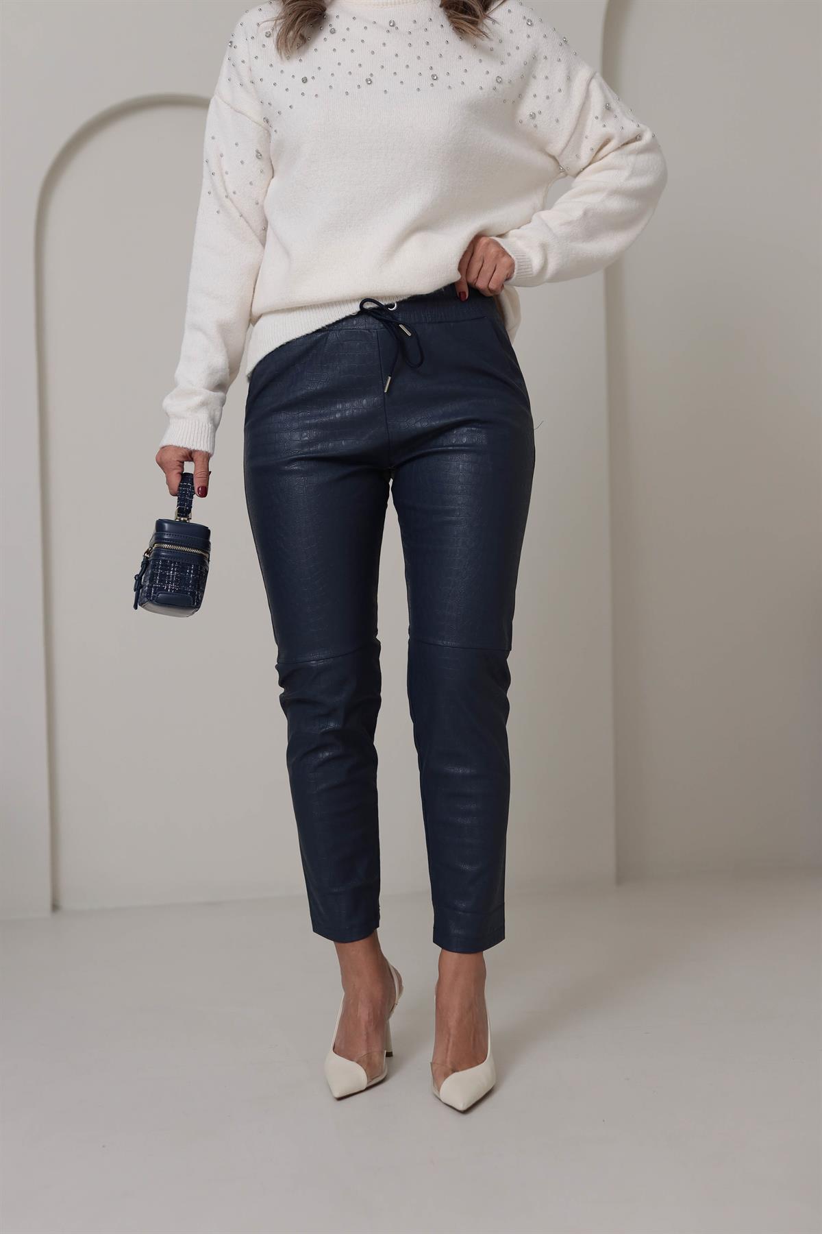 3410 Krokodil Parçalı Deri Pantolon