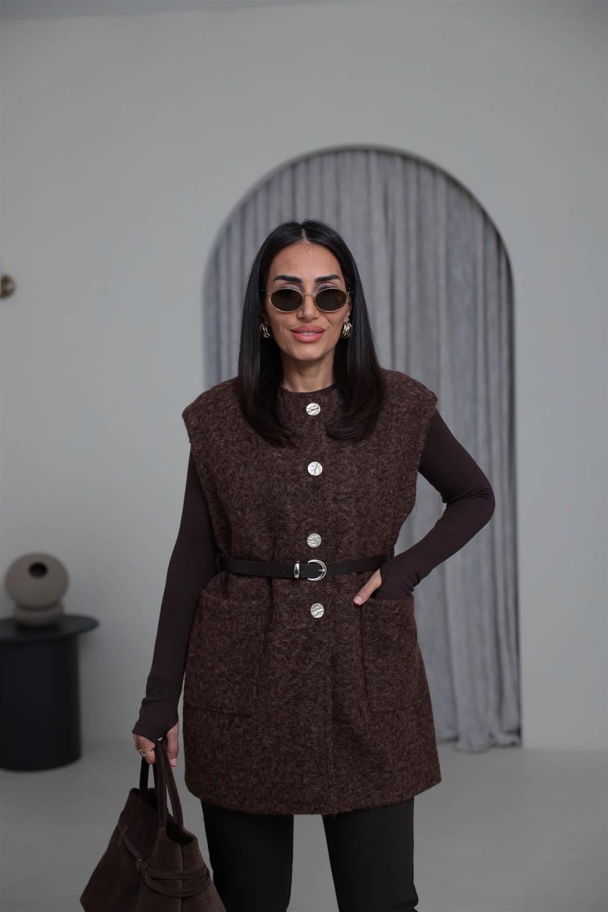 9187 Düğme Ve Kemer Detay Buklet Yelek KAHVE