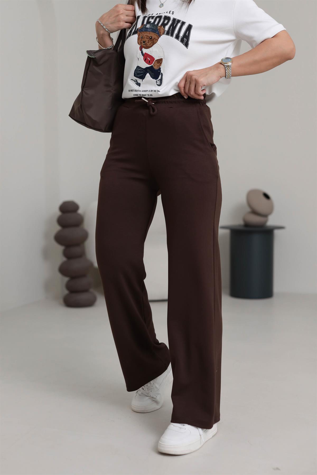 0016 Modal Kumaş Bel Lastikli Palazzo Eşofman Altı KAHVE