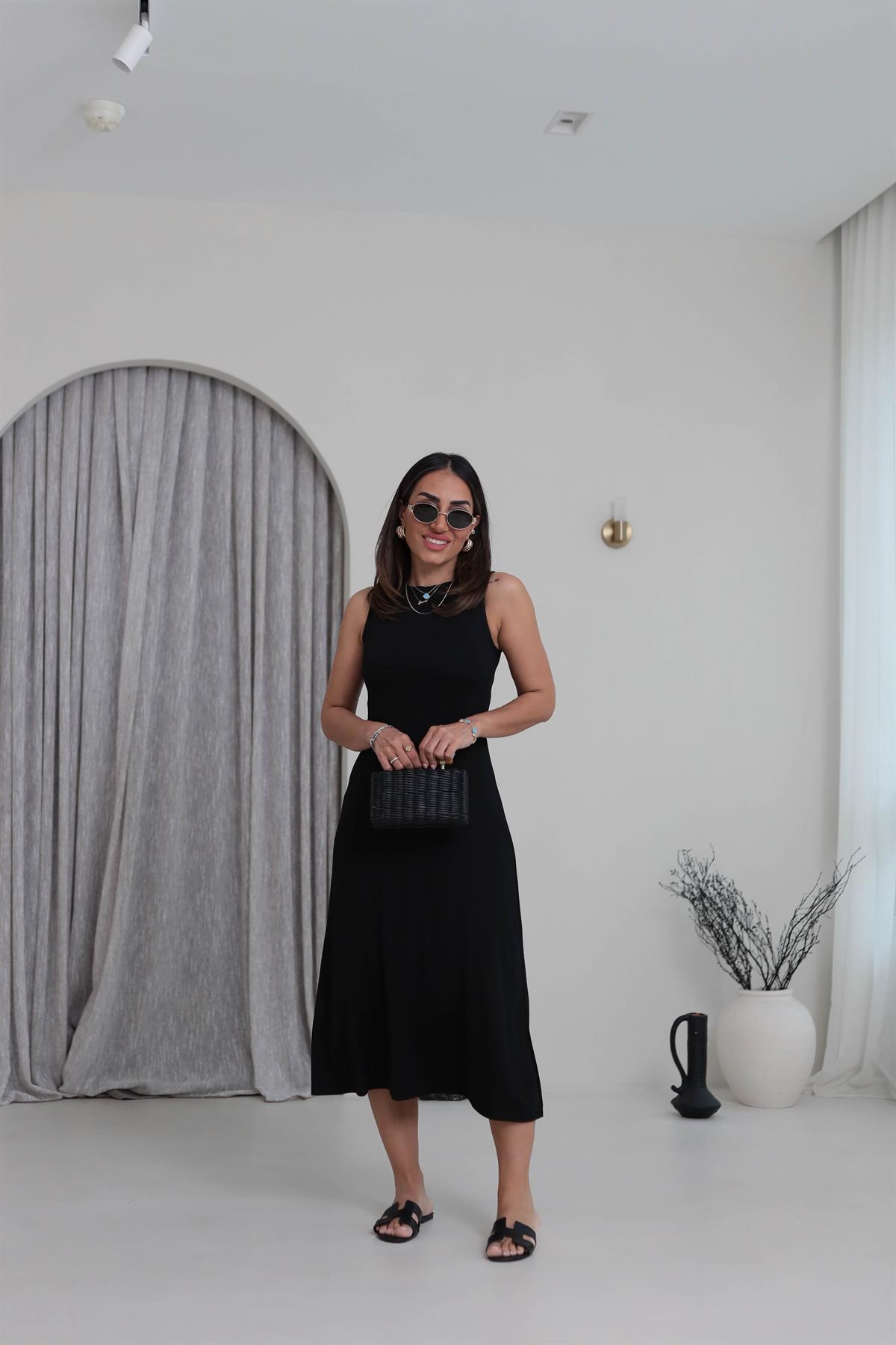 1590 Parçalı Sıfır Kol Midi Elbise SİYAH