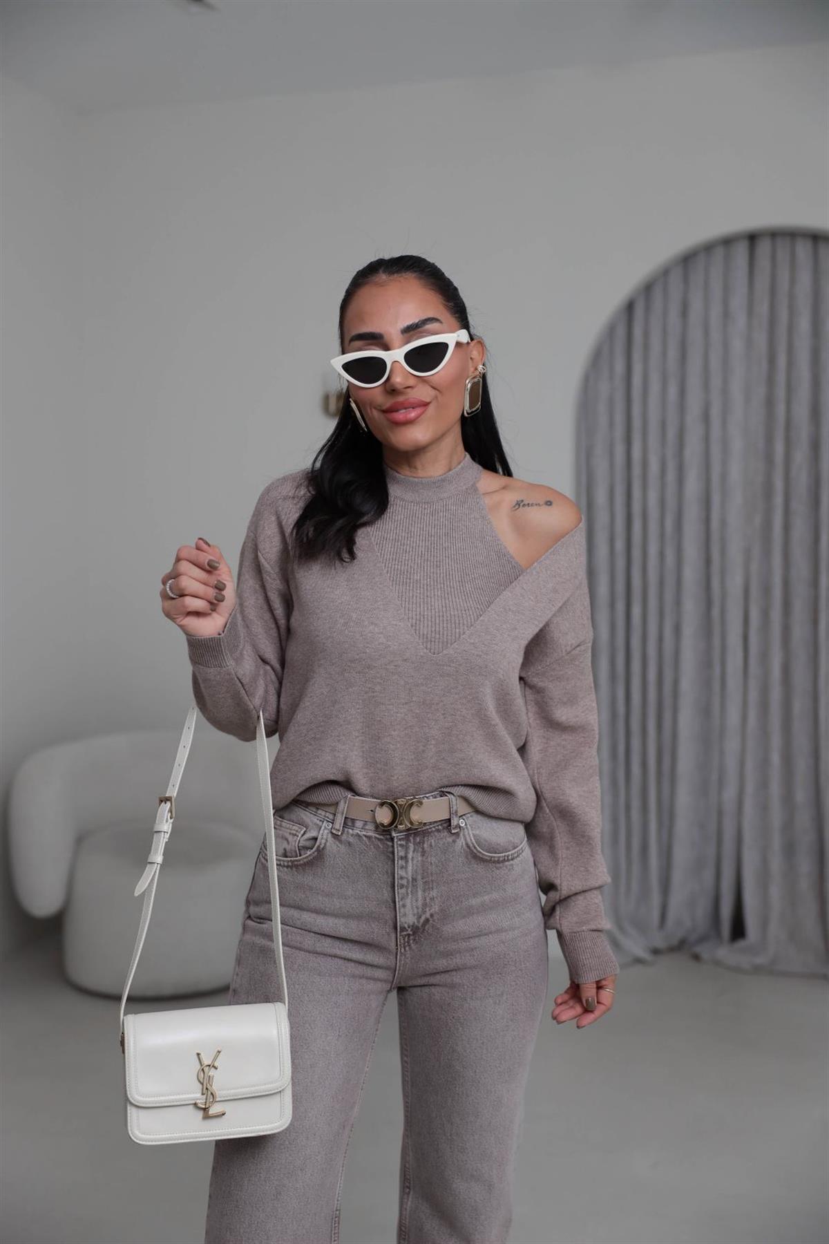 1206 V Yaka İkili Korsman Bluz VİZON