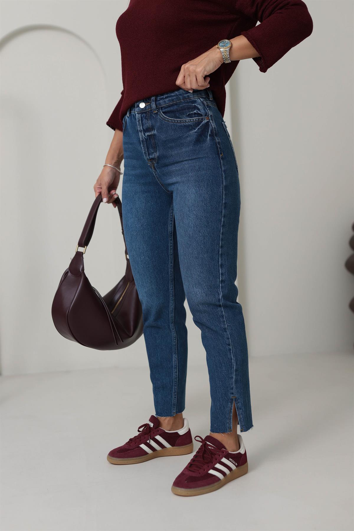 4381 Paça Yırtmaçlı Mom Fit Jean LACİVERT