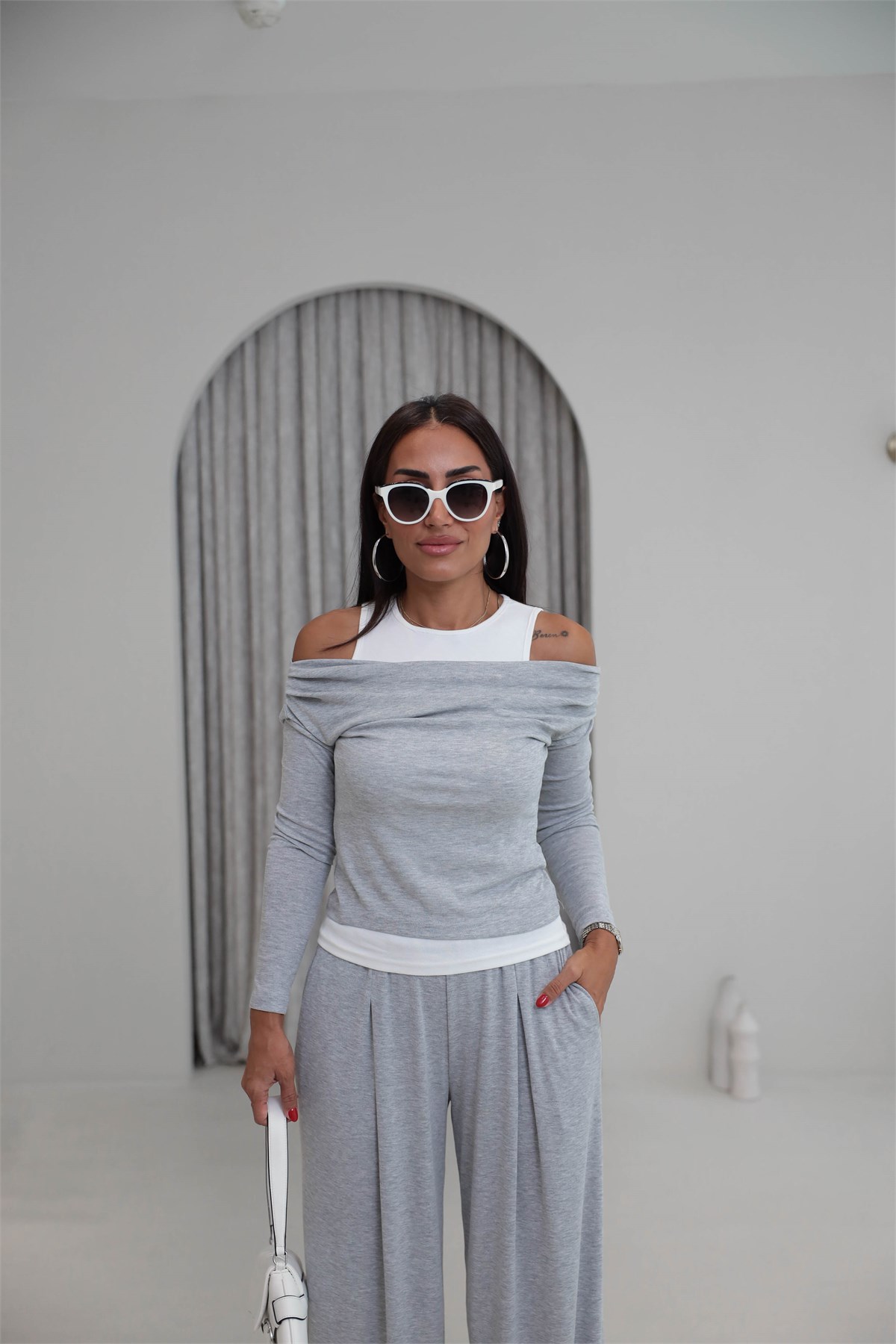 2779 Atlet Detaylı Dökümlü Bluz Pantolon Takım GRİ MELANJ