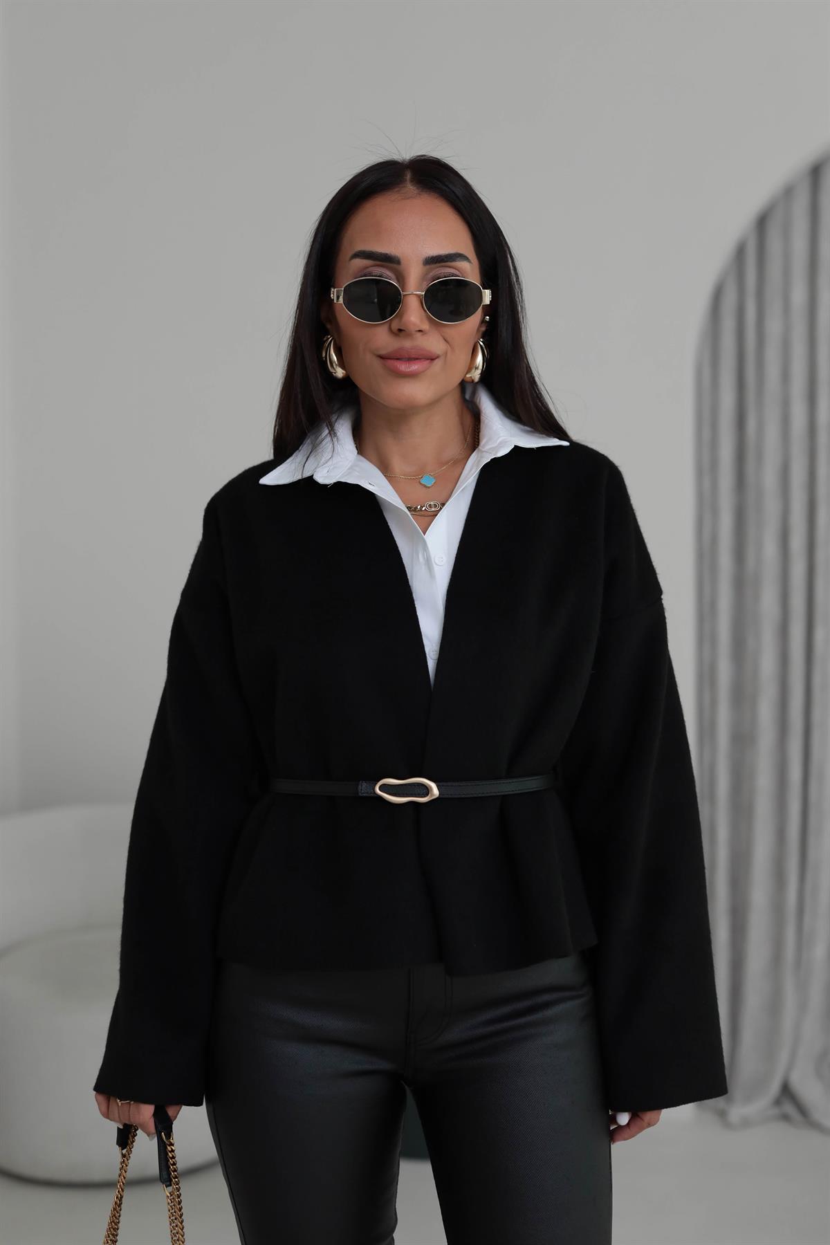 2223 Kemer Detaylı Kaşe Ceket SİYAH