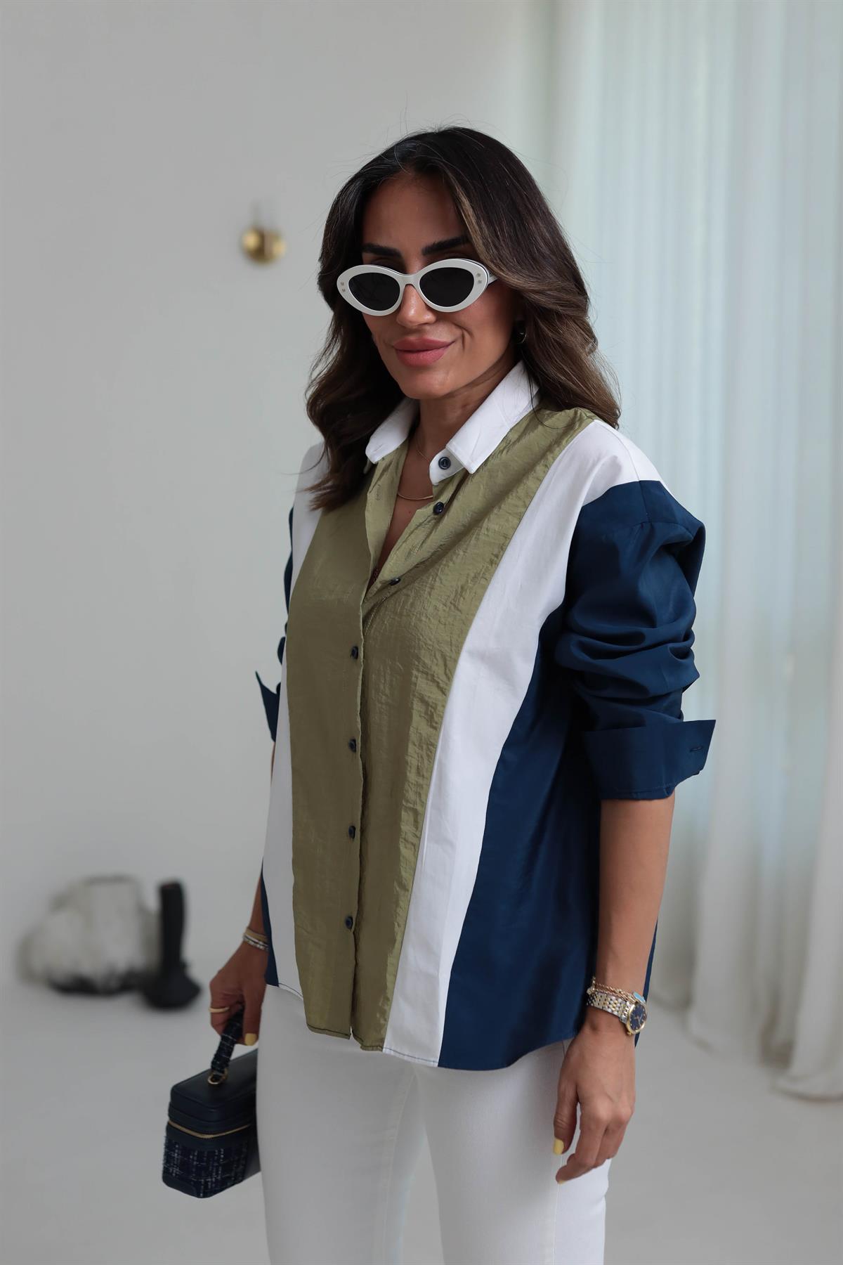 3021 Parçalı Tasarım Gömlek YAĞ YEŞİLİ