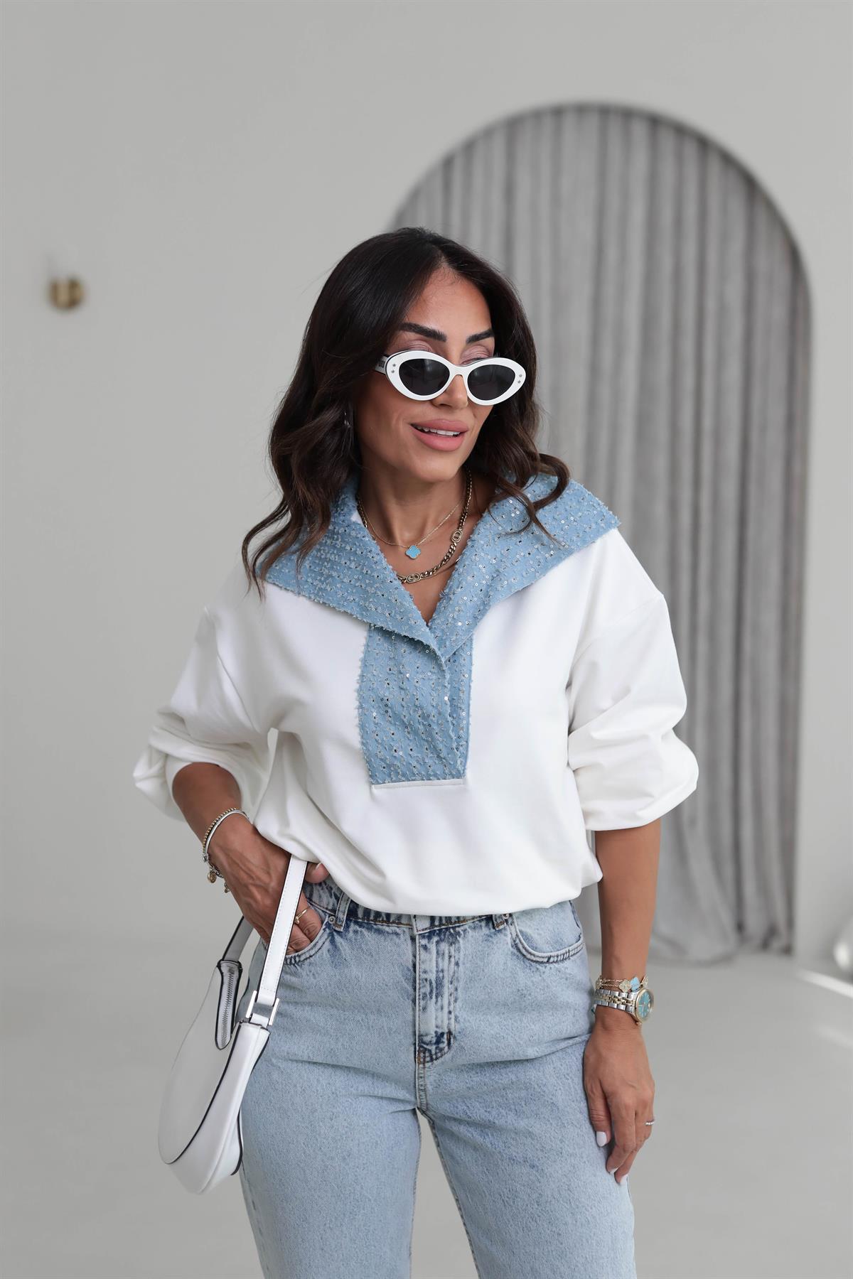 6730 Payetli Kot Garnili Sweatshirt EKRU