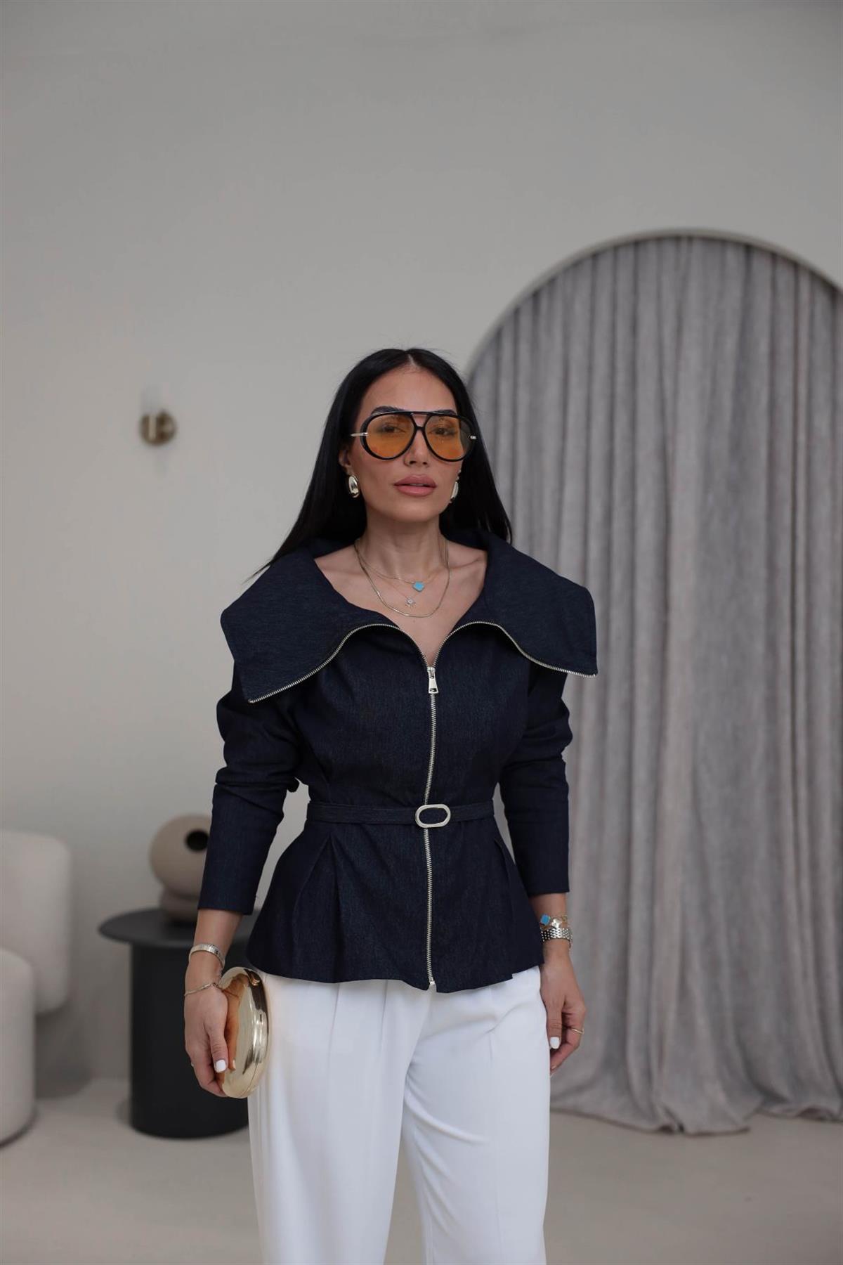 7729 Gömlek Yaka Fermuarlı Kot Bluz LACİVERT