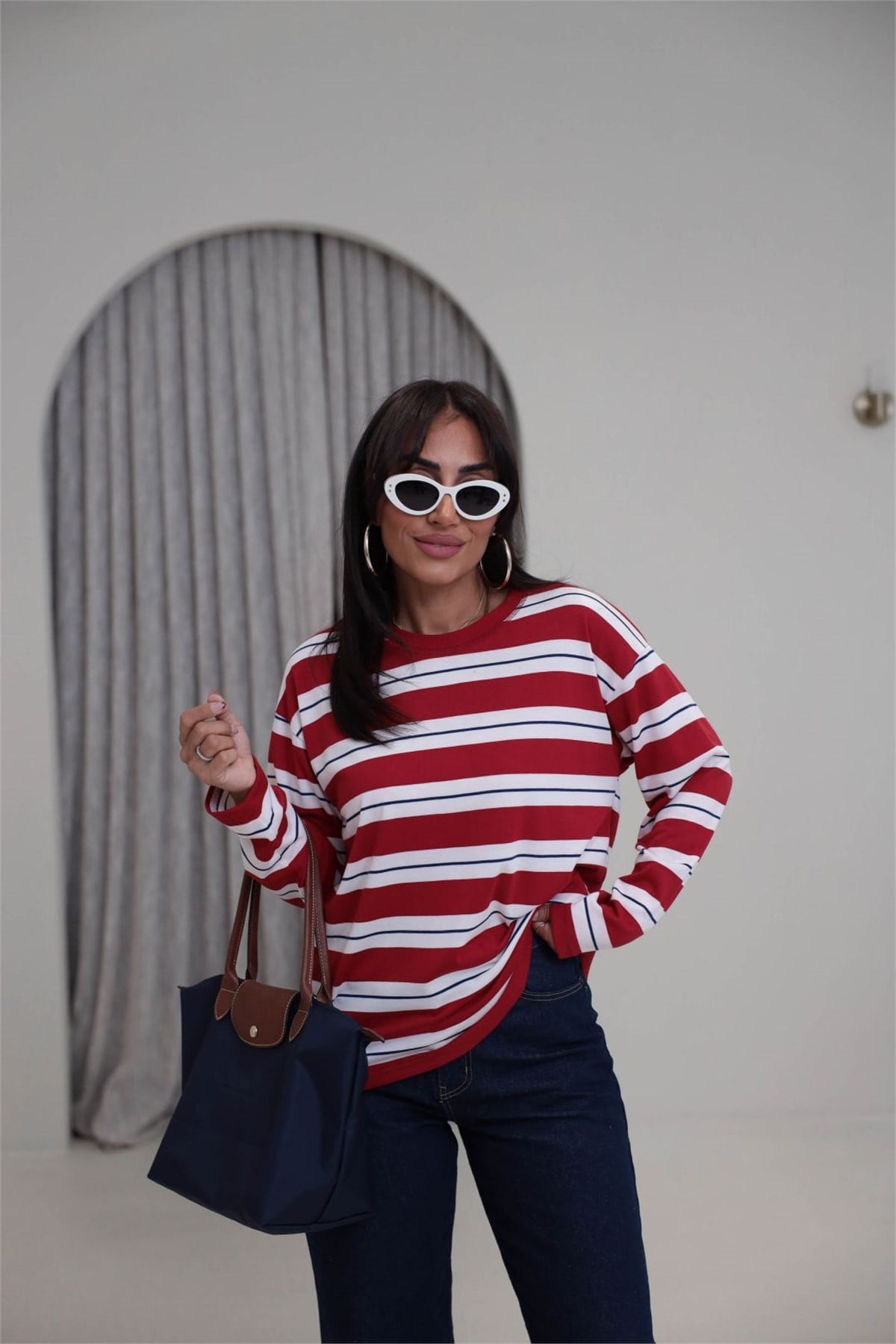 6357 Çizgi Detaylı Yumuşak Kumaş Sweatshirt KIRMIZI